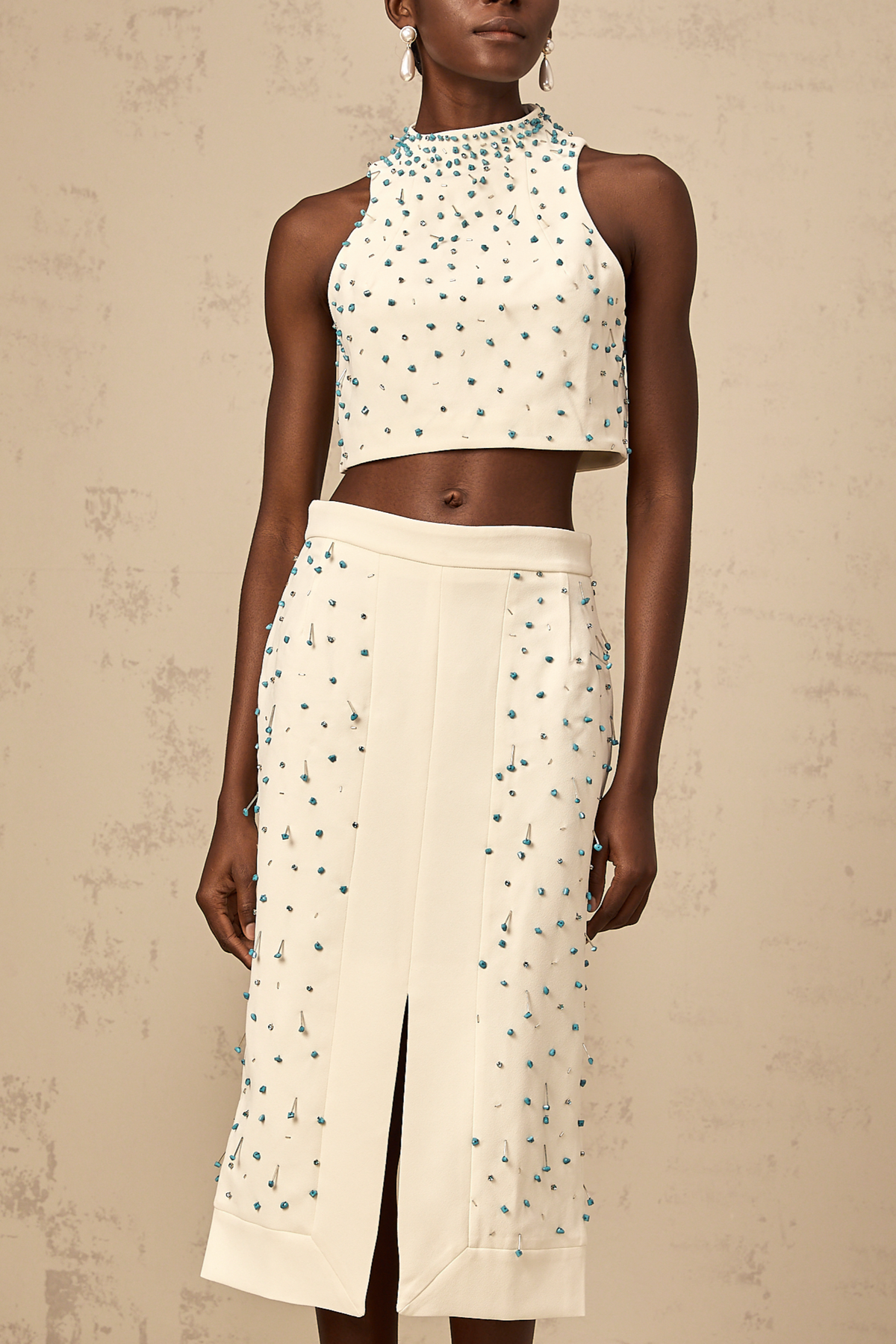 Clothilde off-white embellished top & skirt matching set