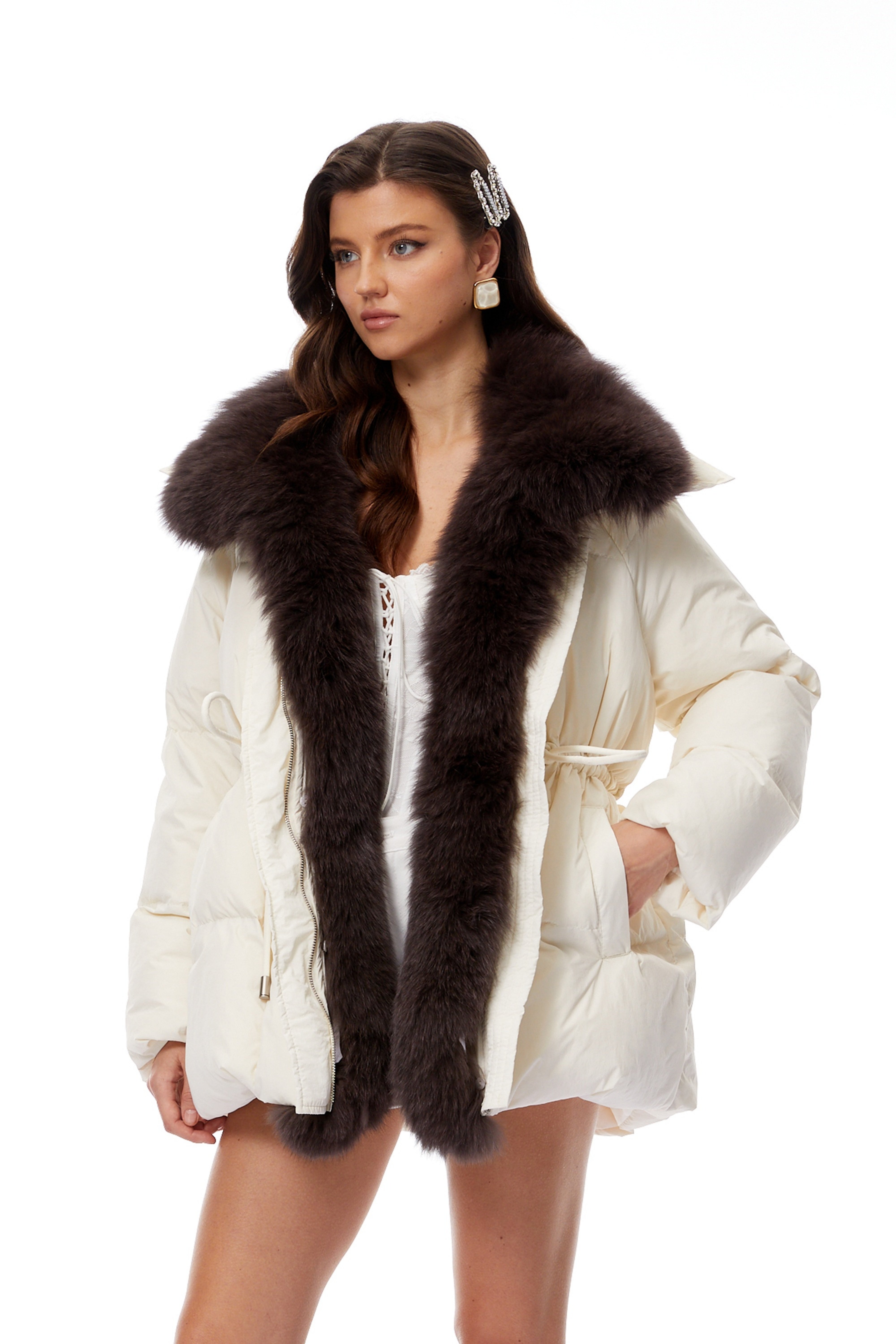 Cleo White Detachable Fur Lapel Down Jacket