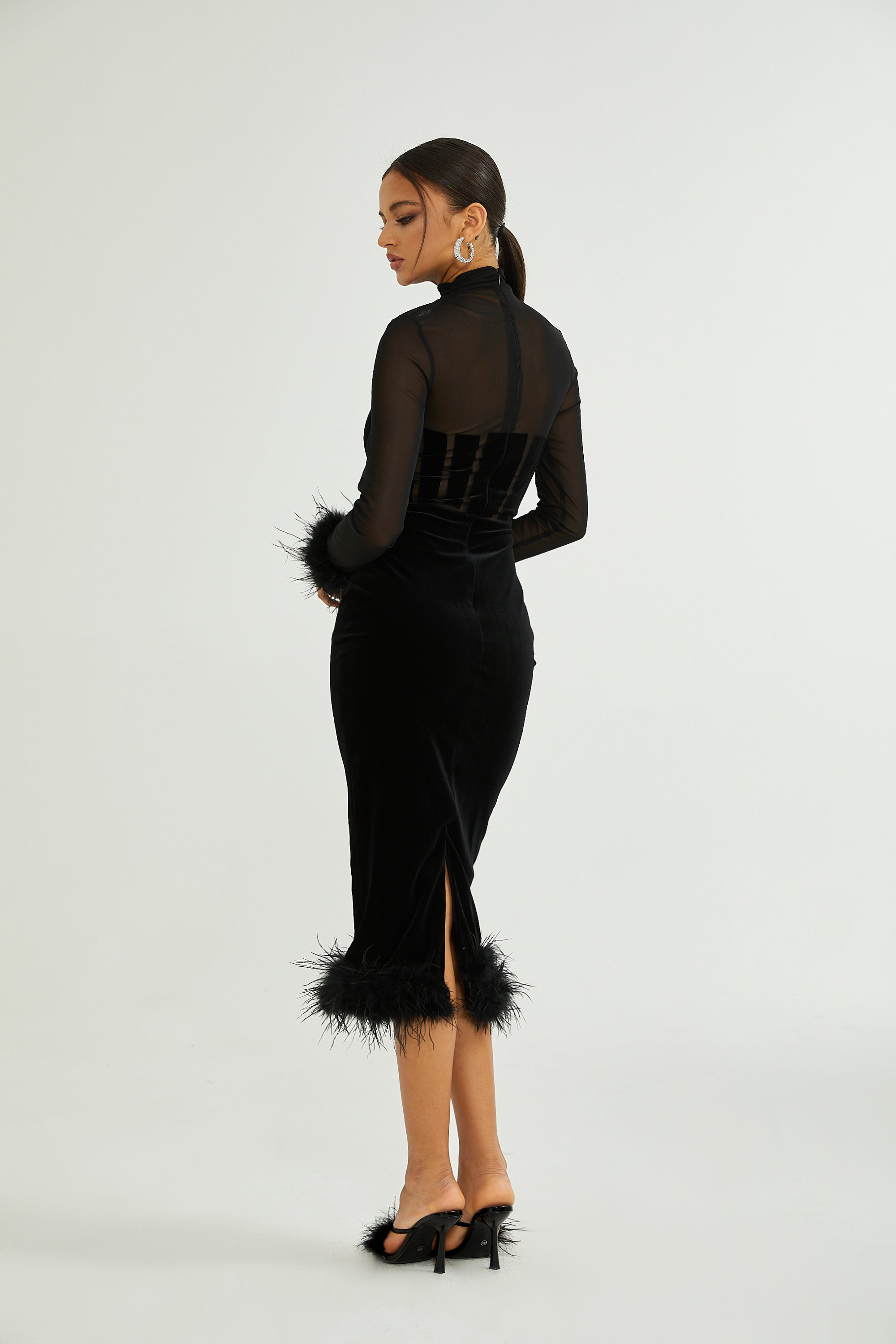 Jeanne feather-trim velvet midi dress (US Only)