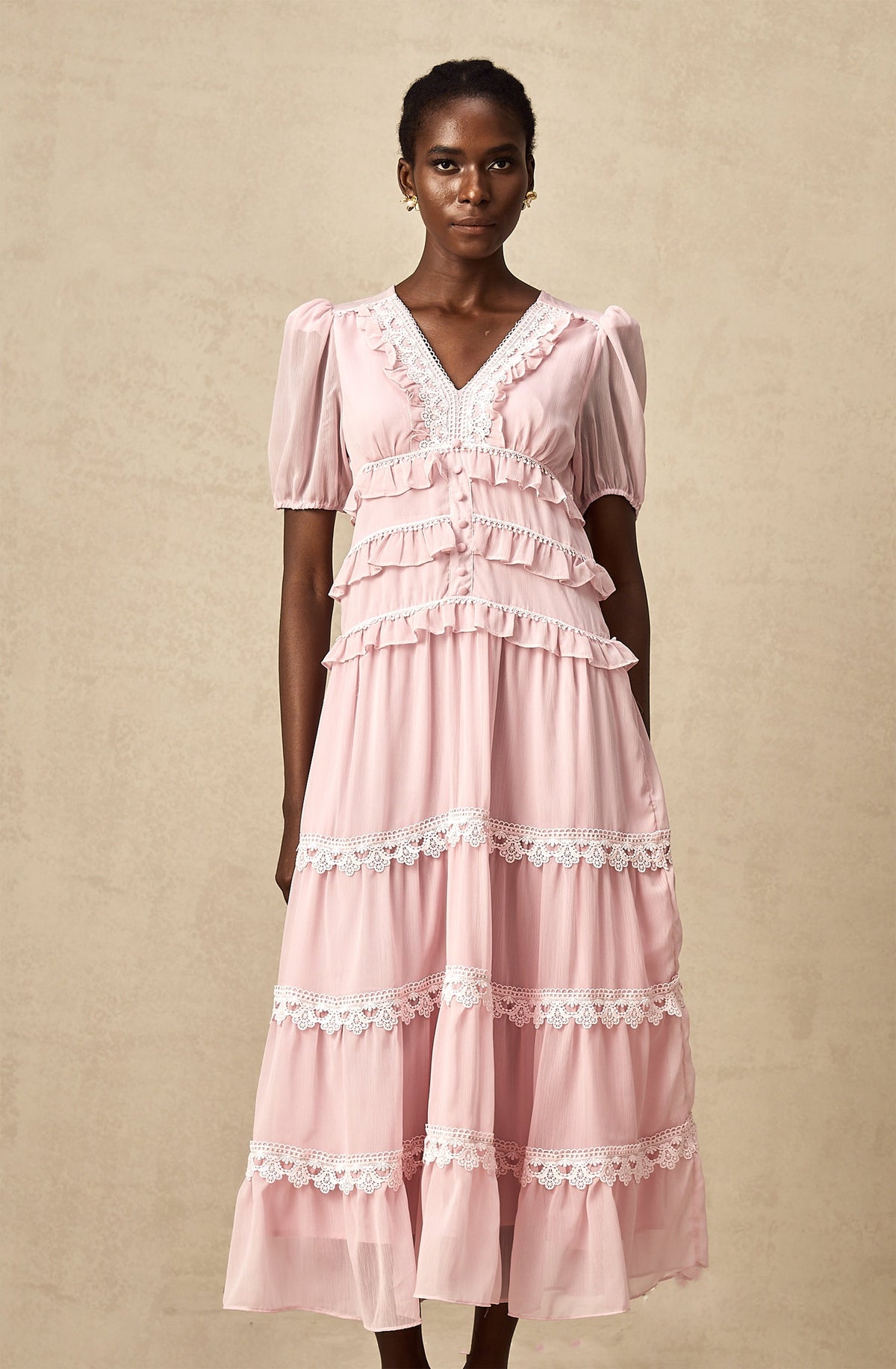 Amelie pink ruffled tiered midi dress