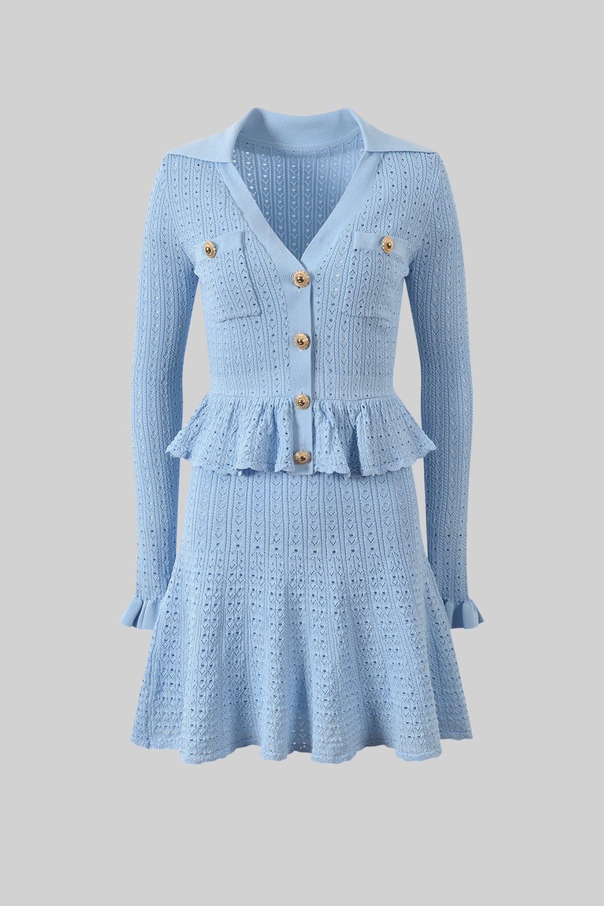 Emmeline Light Blue Knit Mini Dress with Peplum Waist and Gold Button Detail