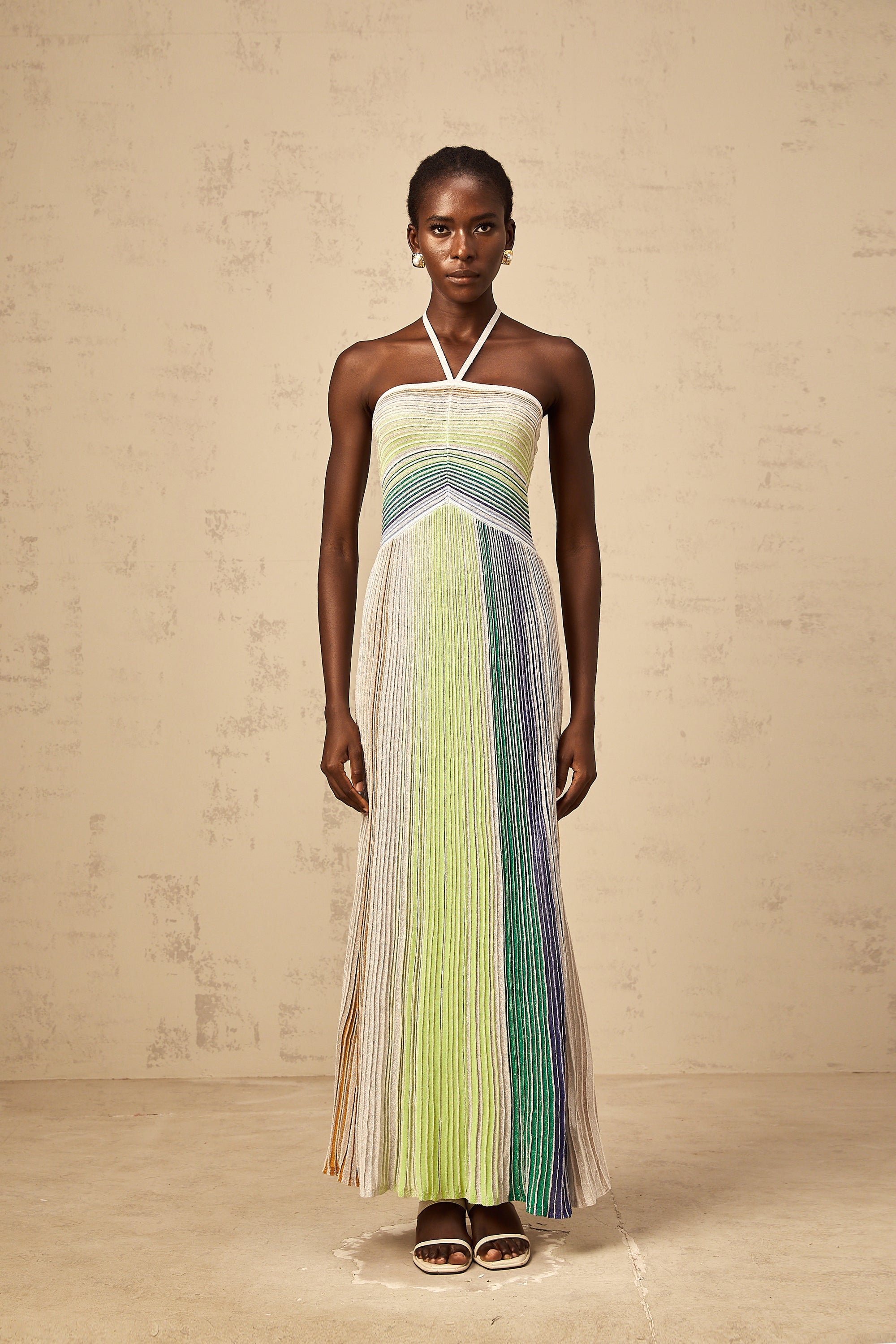 Ulysse green halterneck metallic knit maxi dress