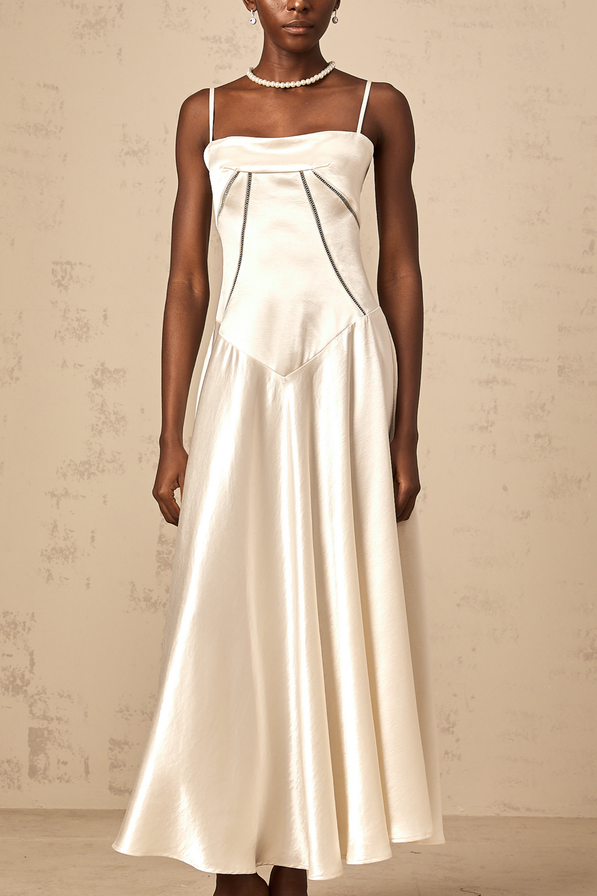 Claudia white flared satin maxi dress