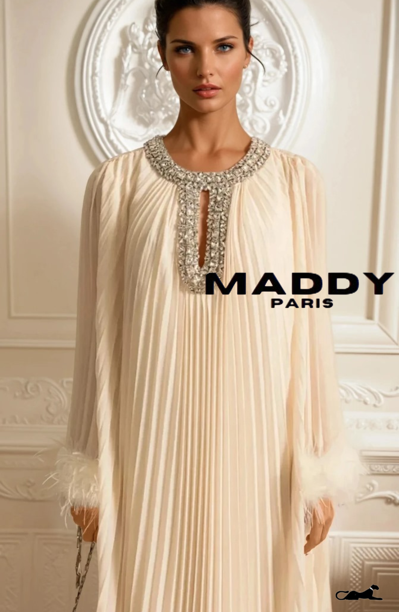 LAMISS Pleated  Maxi Dress With Feathered Cuffs And Sparkling Neckline - Ivoire