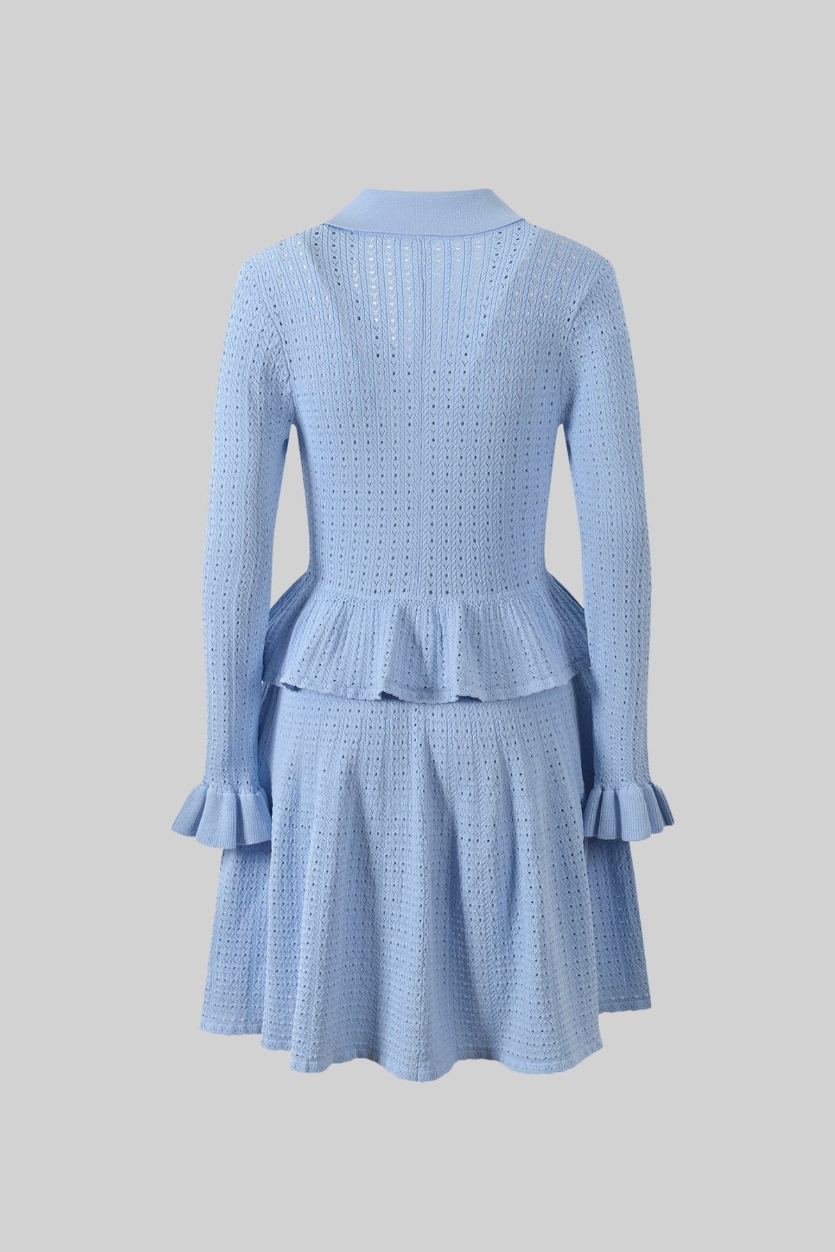 Emmeline Light Blue Knit Mini Dress with Peplum Waist and Gold Button Detail