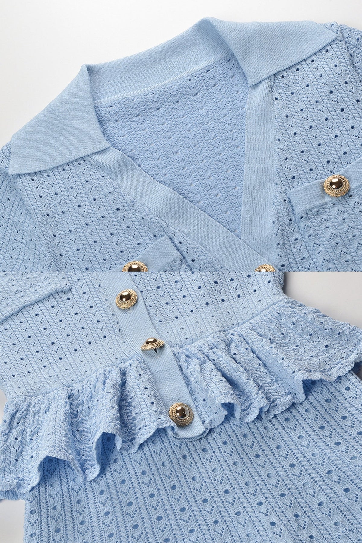 Emmeline Light Blue Knit Mini Dress with Peplum Waist and Gold Button Detail
