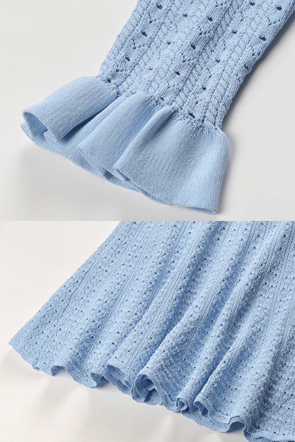 Emmeline Light Blue Knit Mini Dress with Peplum Waist and Gold Button Detail