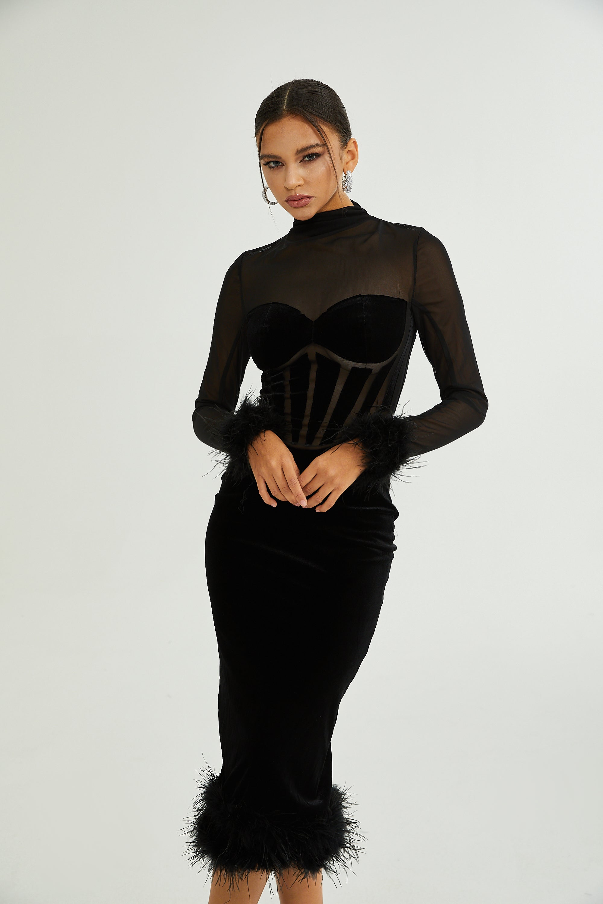 Jeanne feather-trim velvet midi dress (US Only)