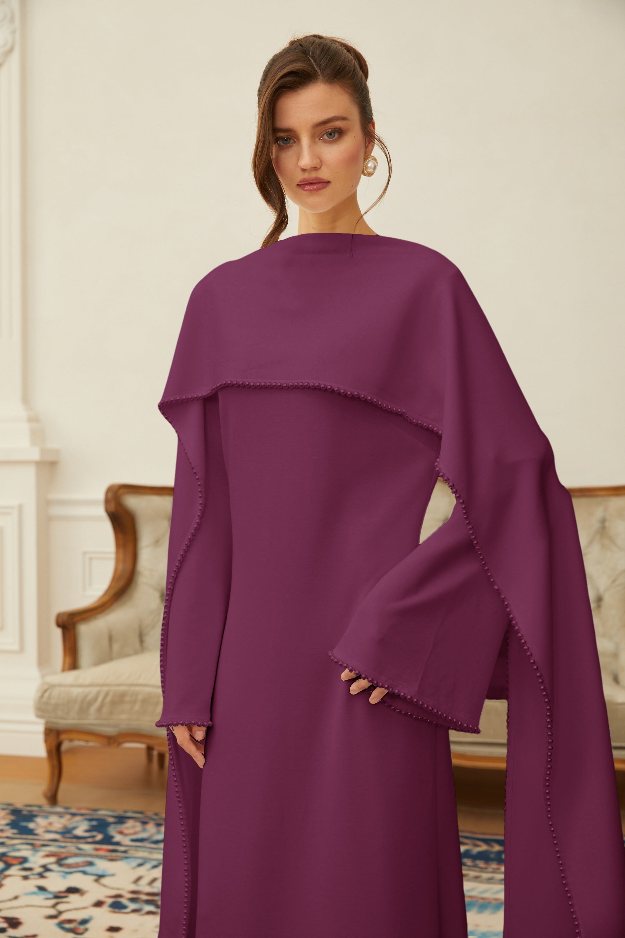 Piroska Purple Pearl Trim Shawl Detail Maxi Dress