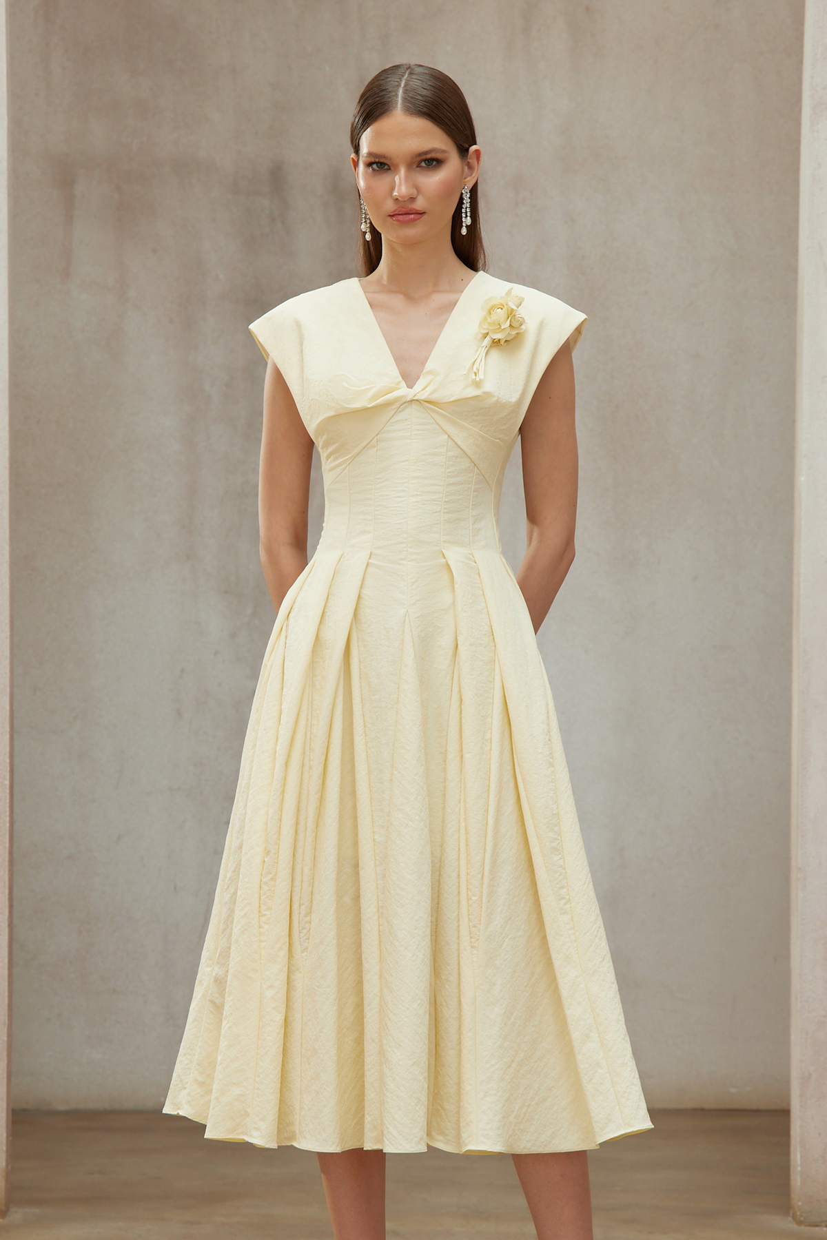 Amelie Yellow Petal Brooch Midi Dress