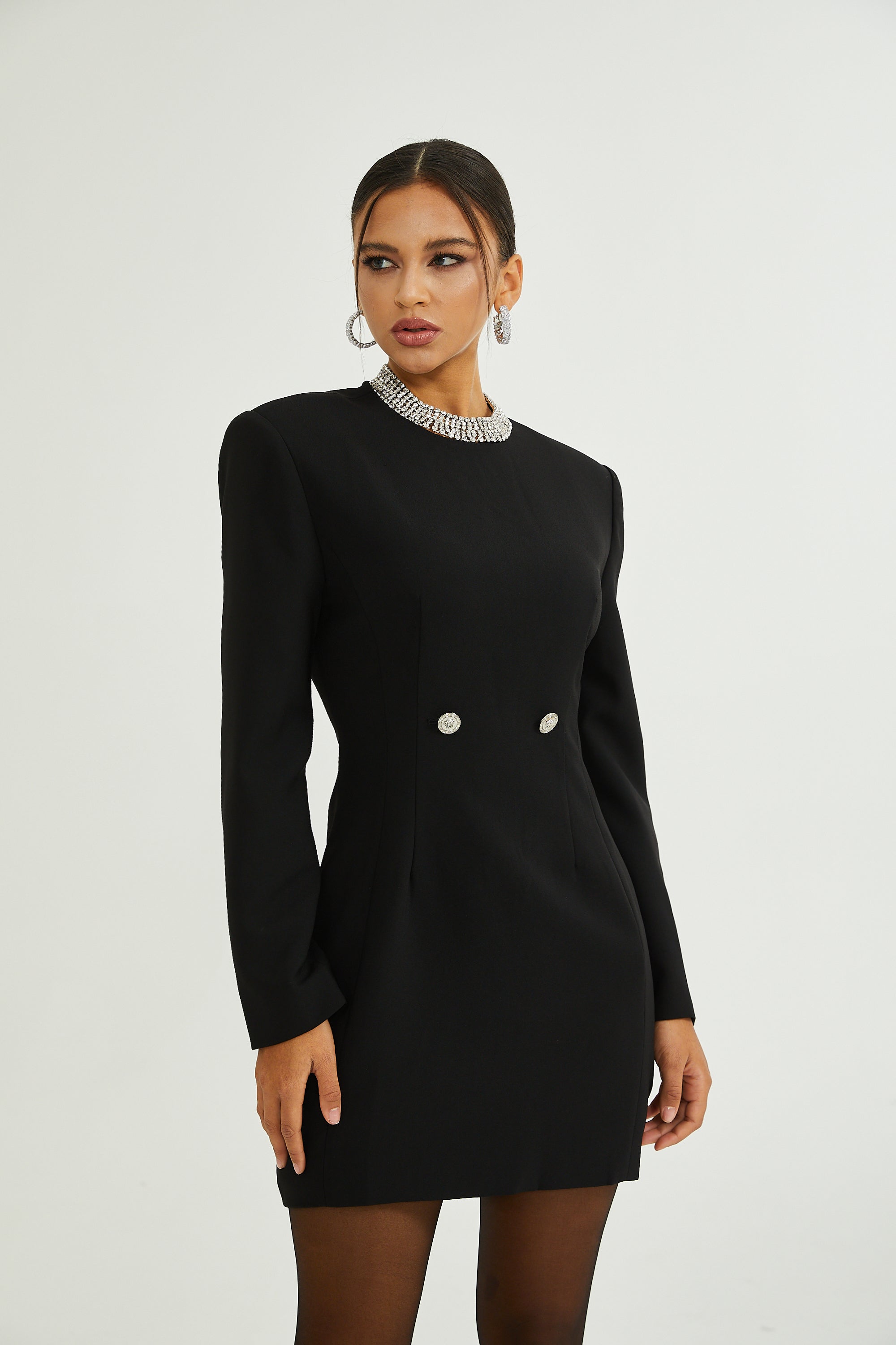 Magali black hourglass shoulder-padded mini dress (US Only)