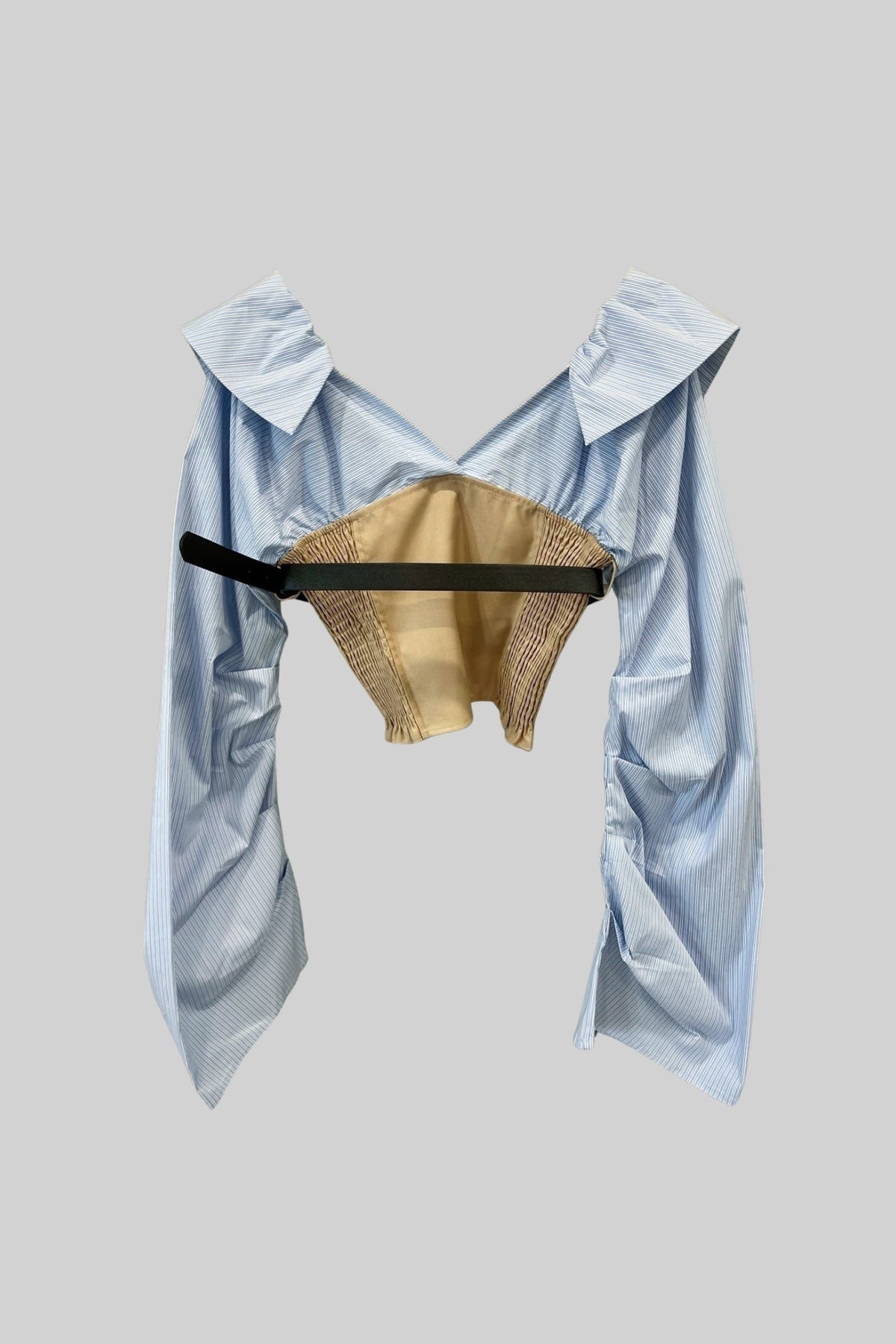 Two-Piece Set with Oversized Collar Crop Top and Wide-Leg Pants - Beige/Blue