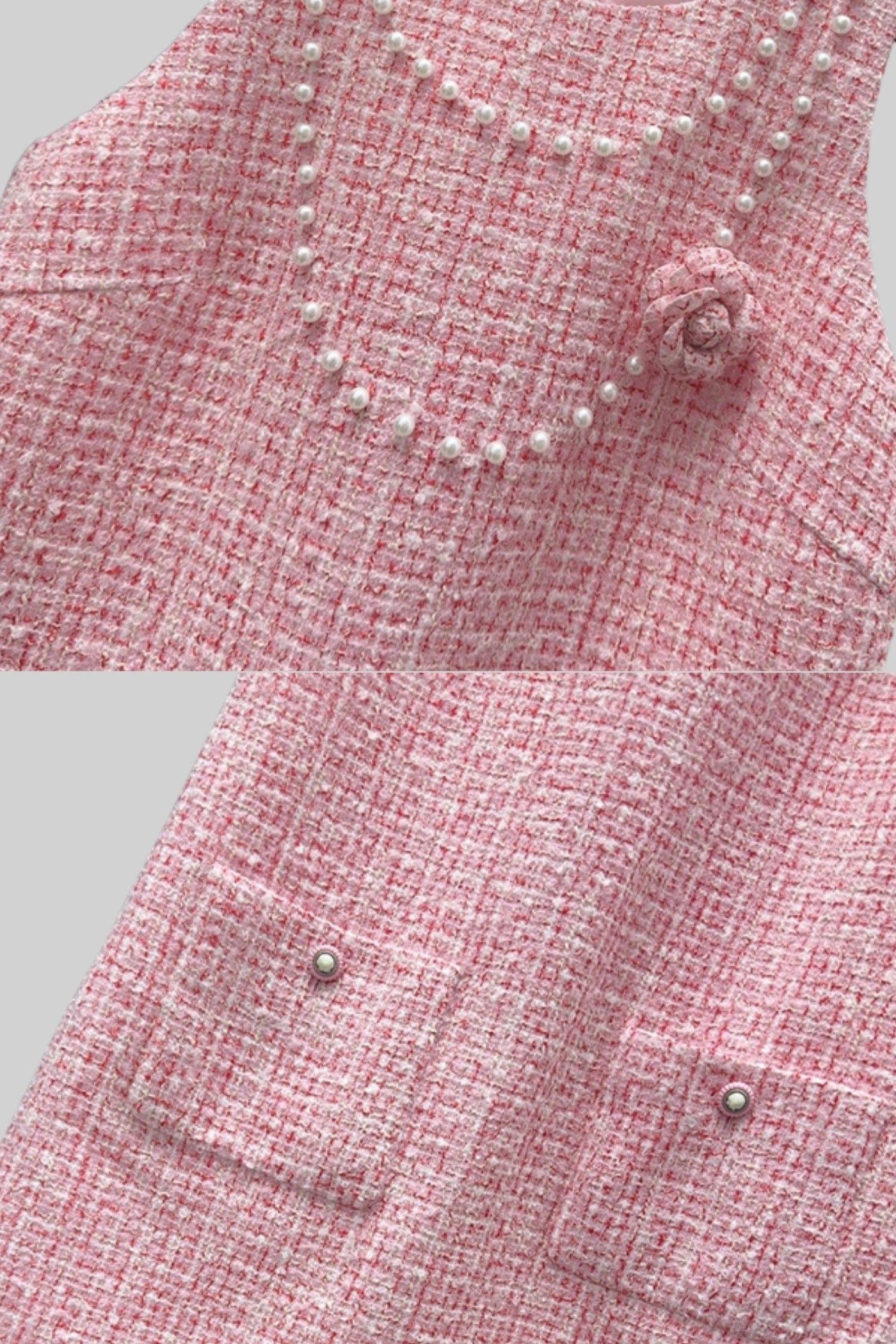 Chiara Pink Sleeveless Tweed Mini Dress with Pearl Embellishments