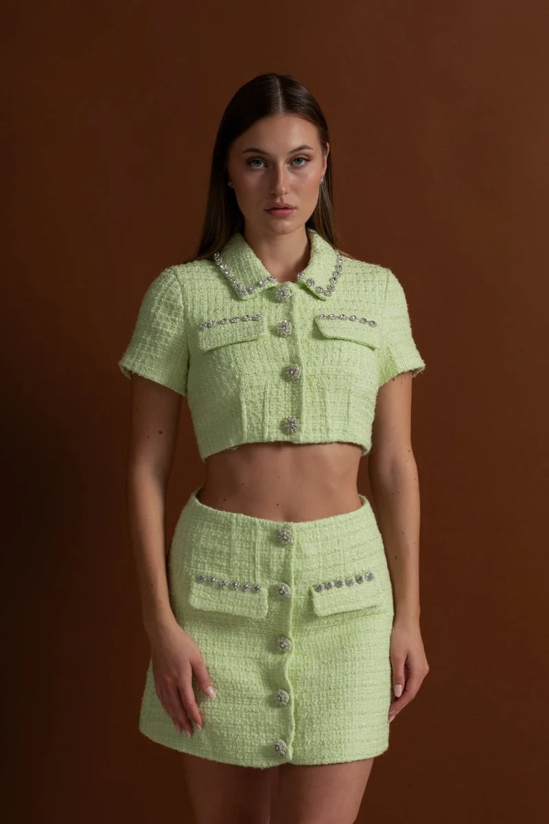 Crystal-Trim Tweed Co-ord Set – Lime
