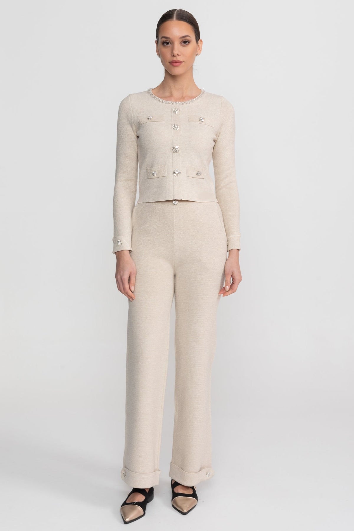 Gabrielle Beige Long Sleeve Knit Co-Ord Set With Sparkling Embellishments