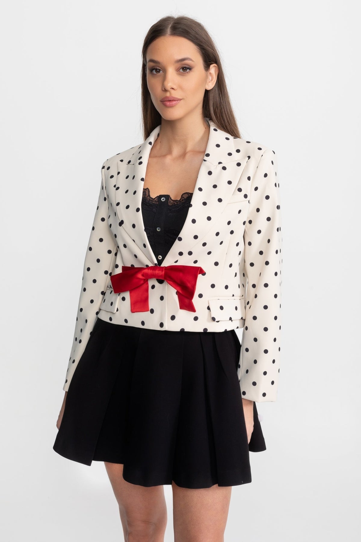 Polka Dot Cropped Blazer with Statement Bow Detail – Ivoire & Black