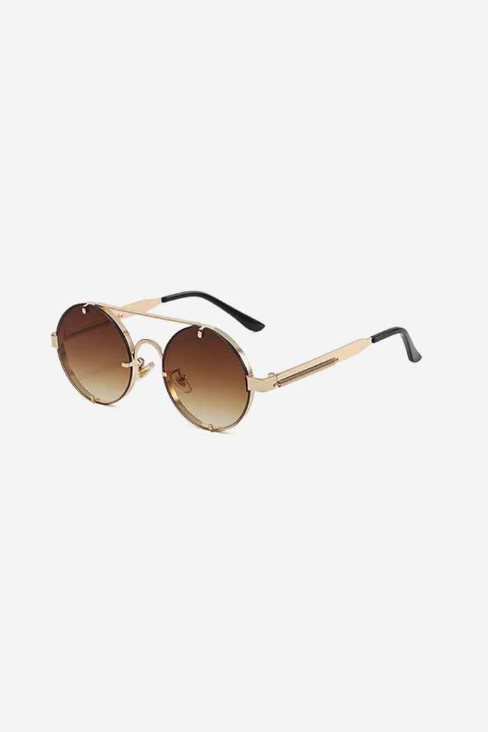 Rimless Round Sunglasses with Double Bridge and Temple Springs – Brown