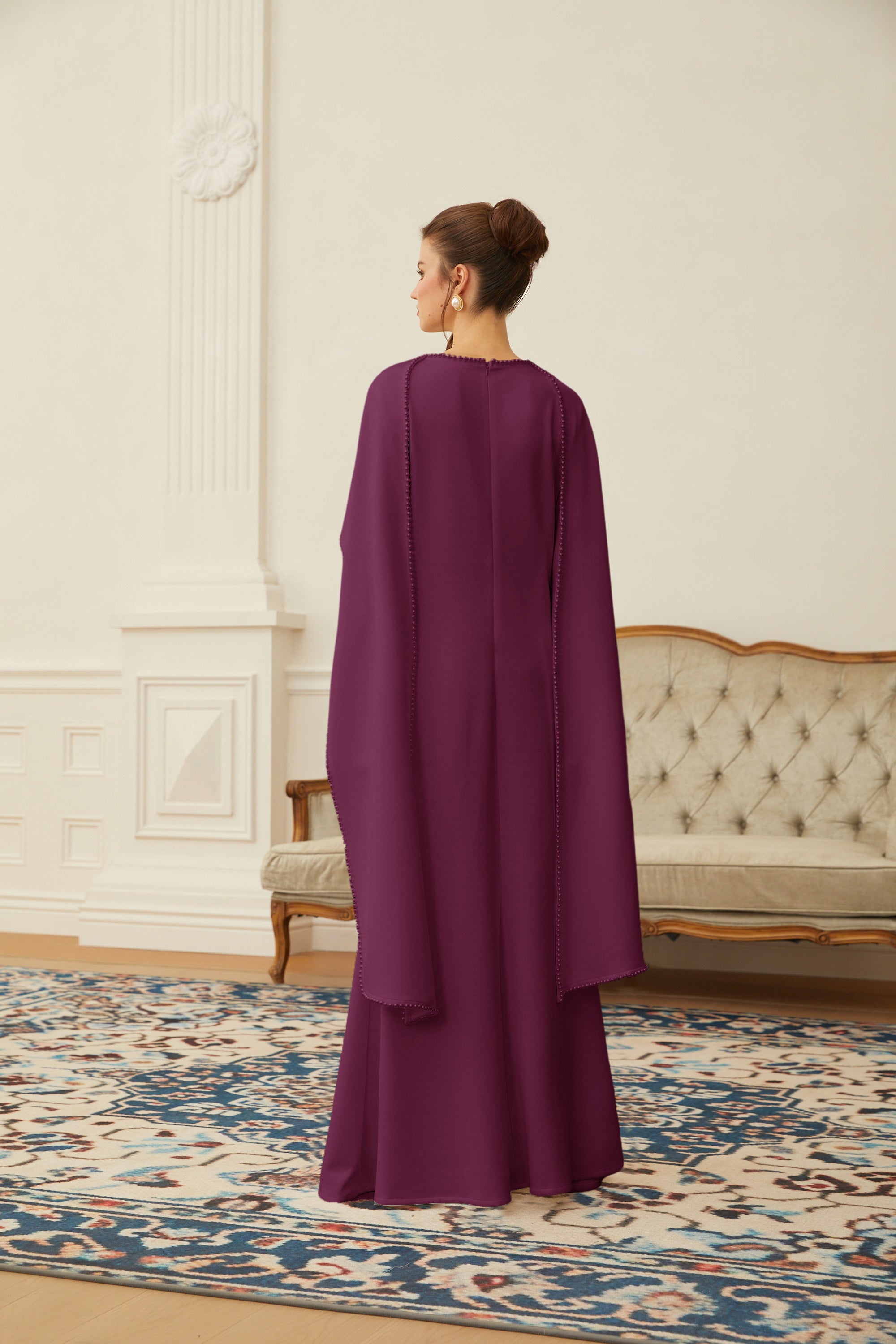 Piroska Purple Pearl Trim Shawl Detail Maxi Dress