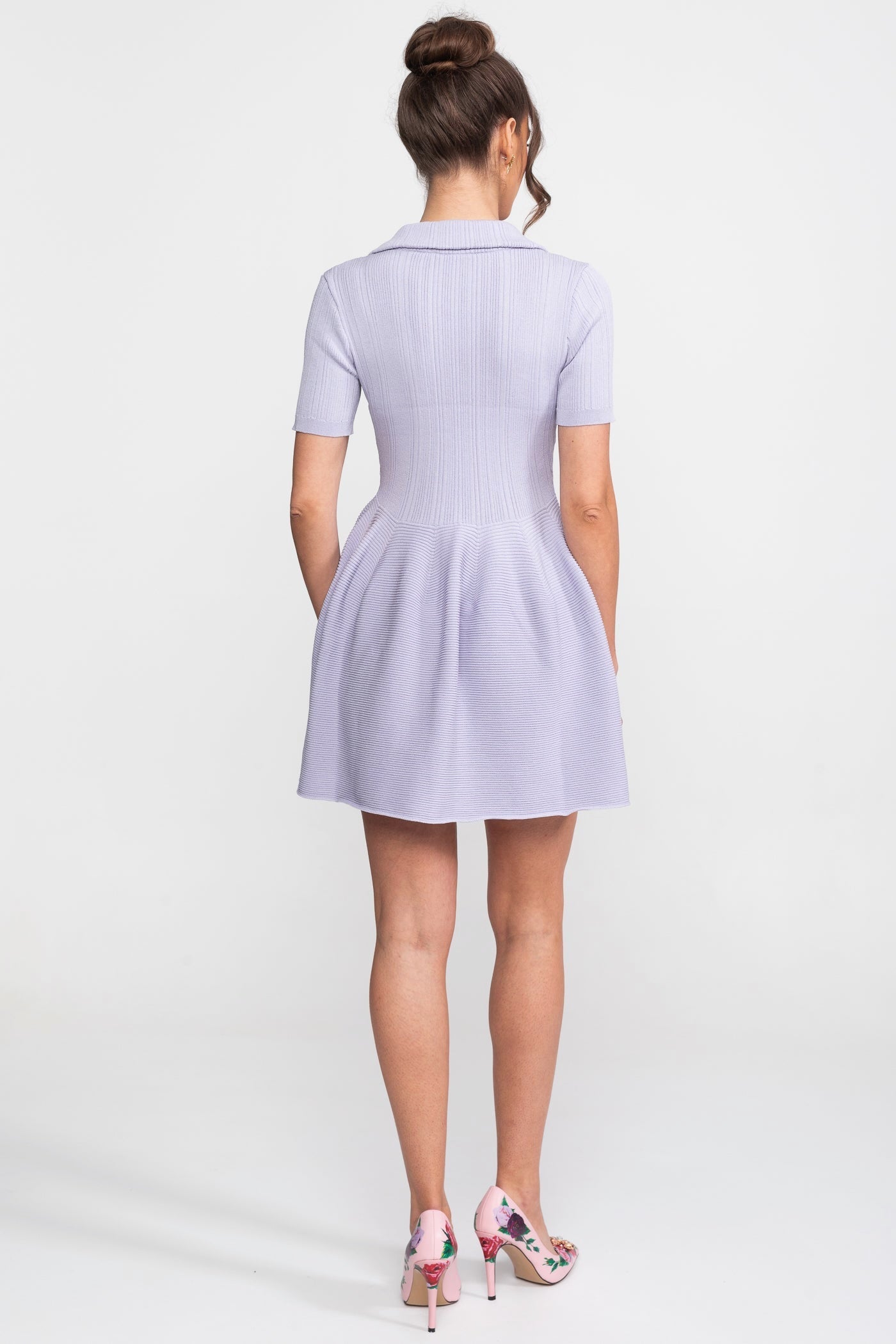 Rosalind Lilac Ribbed Knit Mini Dress With Open Polo Collar And Jewel Buttons