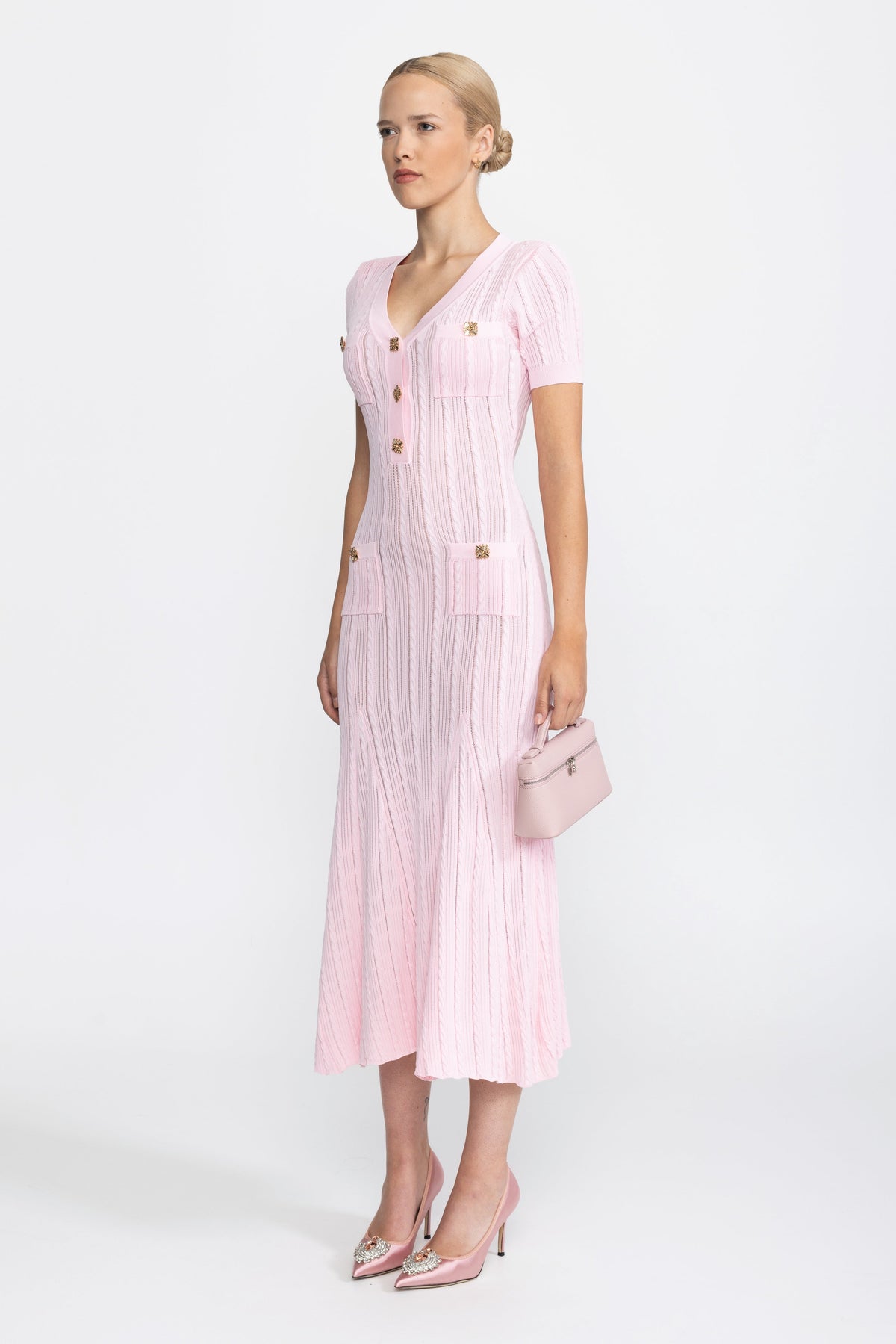 Cable Knit Jewel-Button Midi Dress - Pink