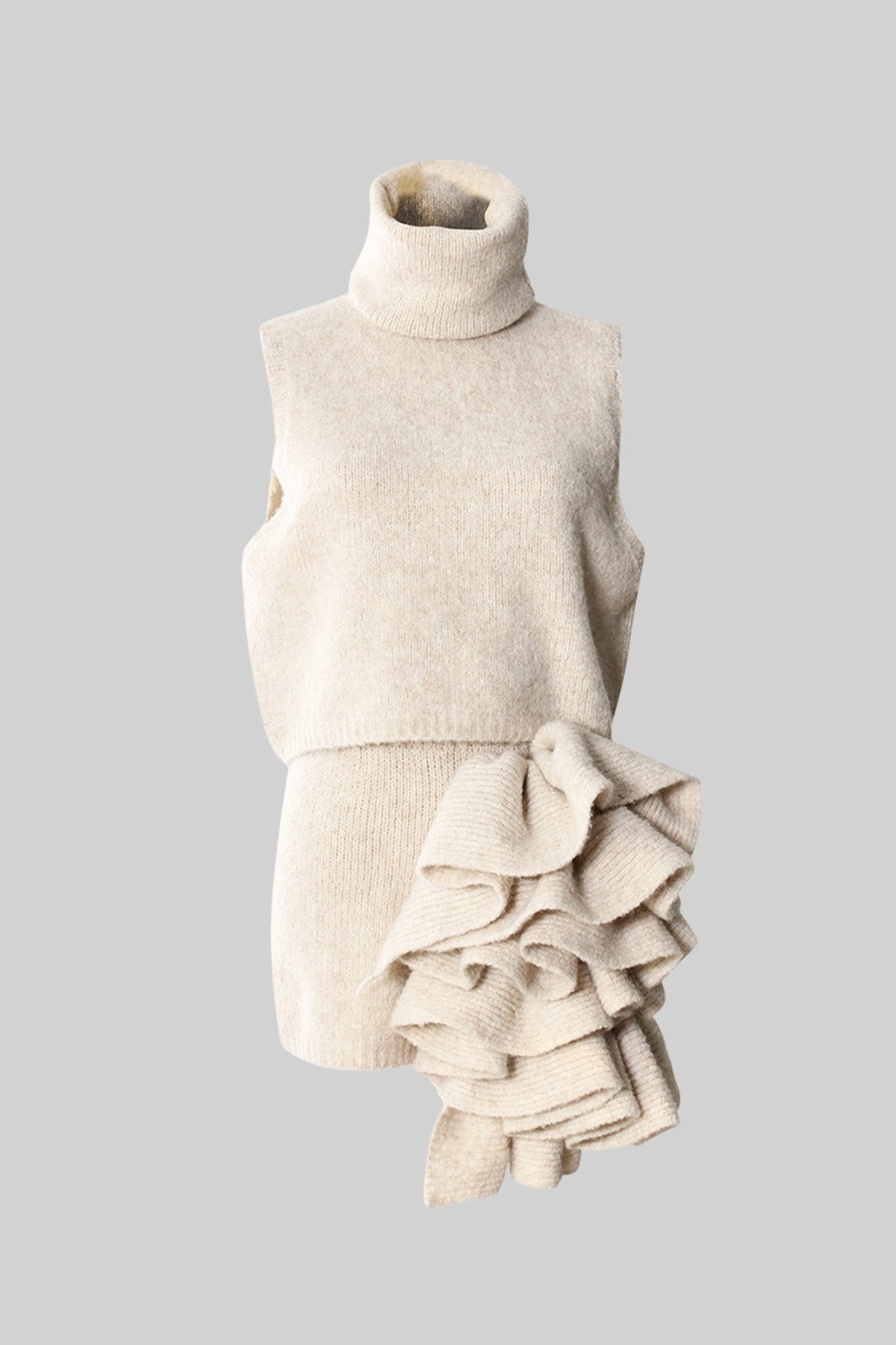 Fabienne Beige Knitted Three-Piece Set with Sculptural Ruffle Details
