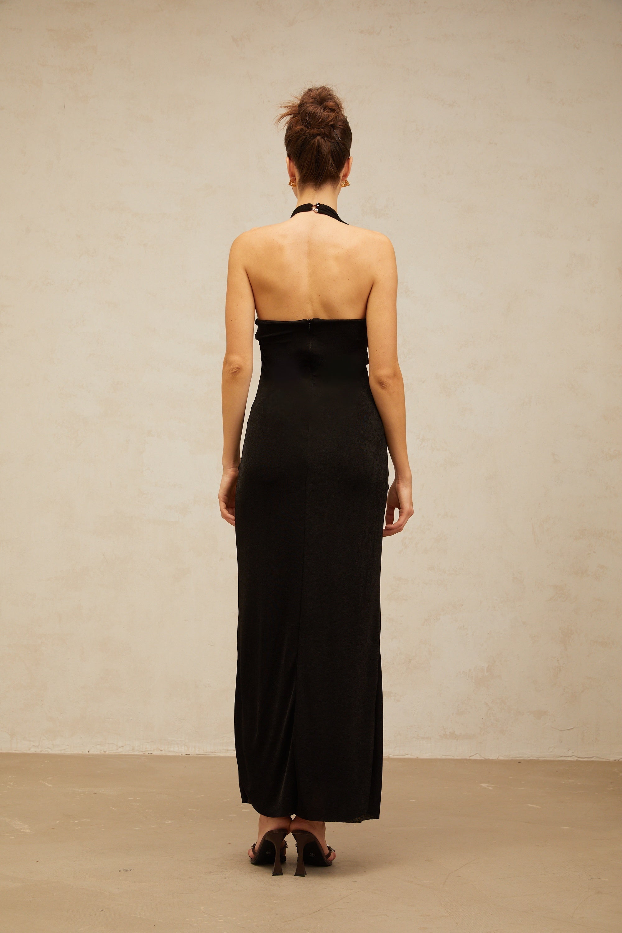 Adrienne black denim front-slit contrast-stitching maxi dress