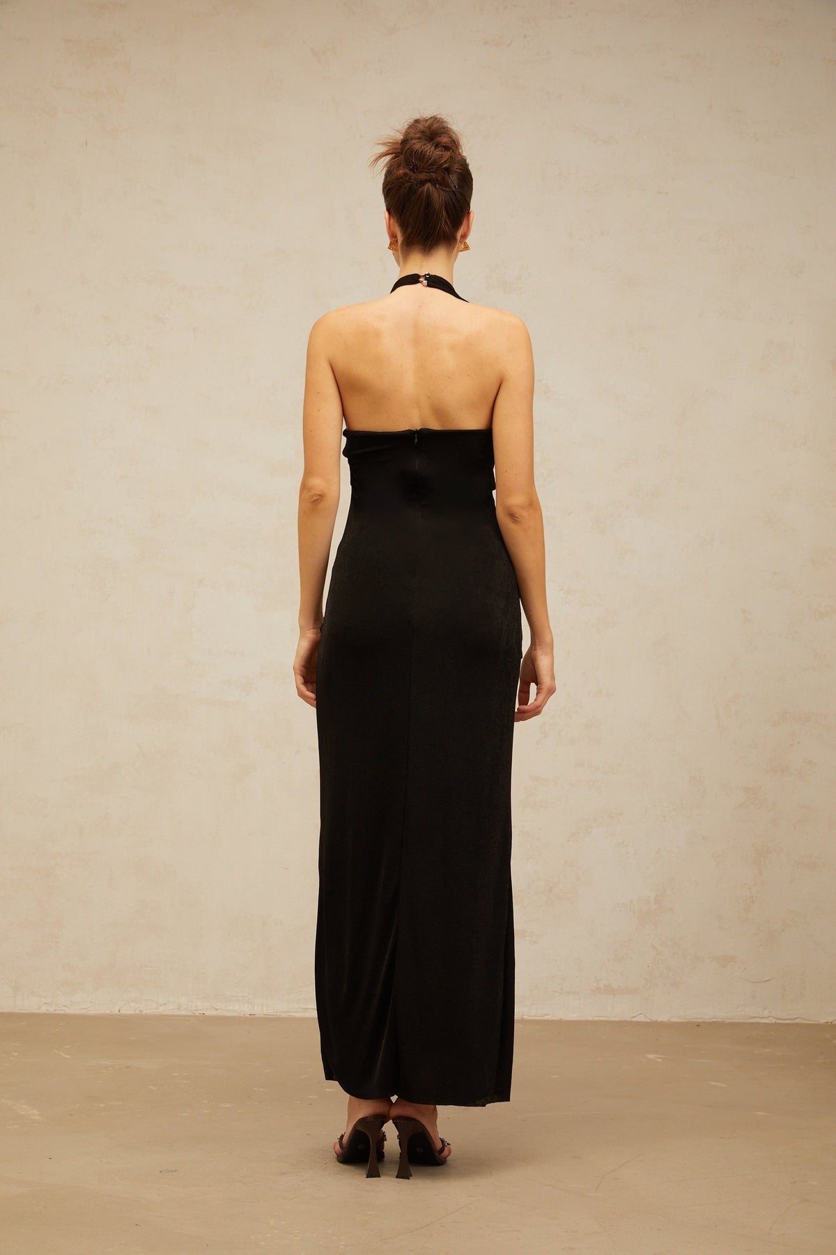 Adrienne black denim front-slit contrast-stitching maxi dress