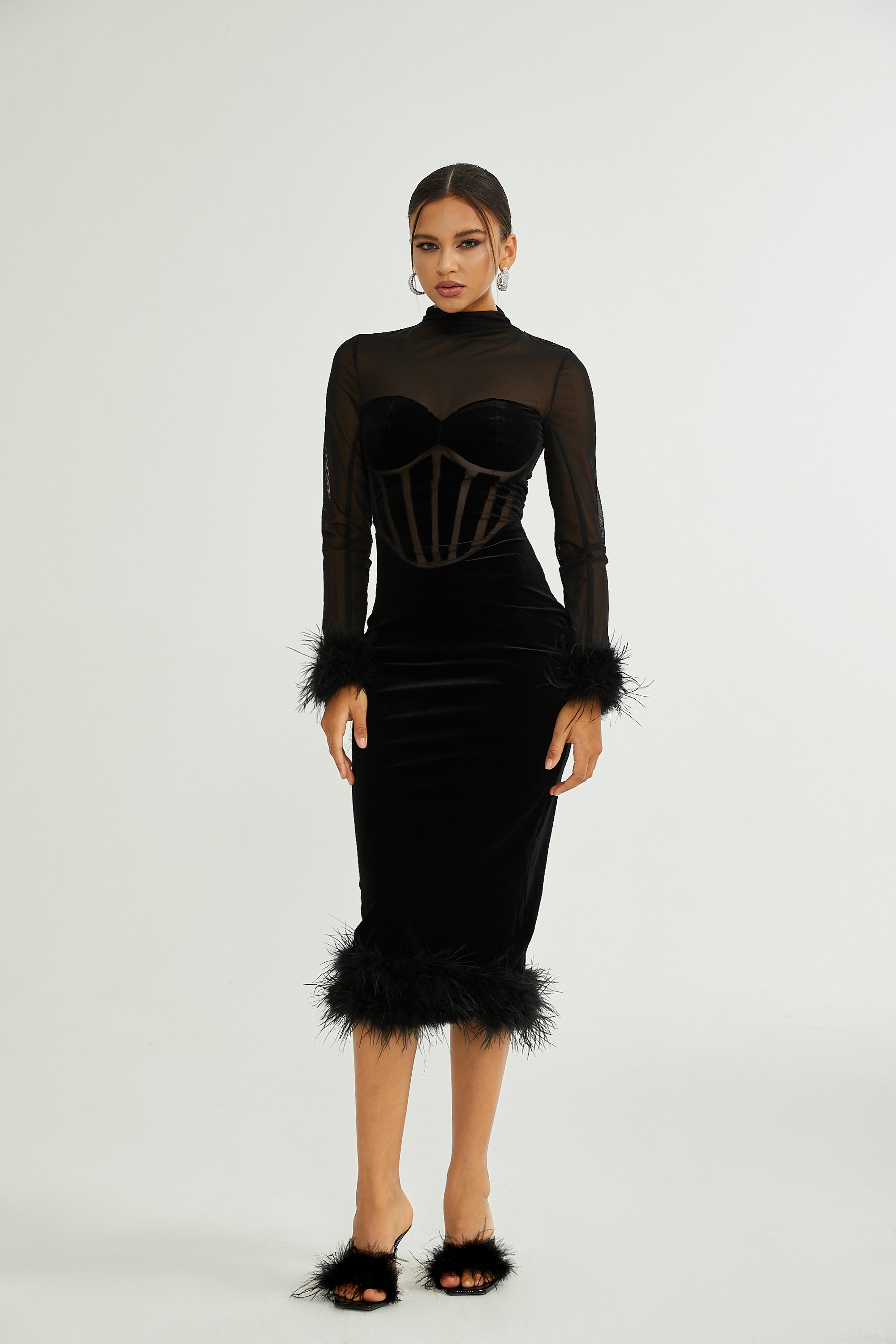 Jeanne feather-trim velvet midi dress (US Only)