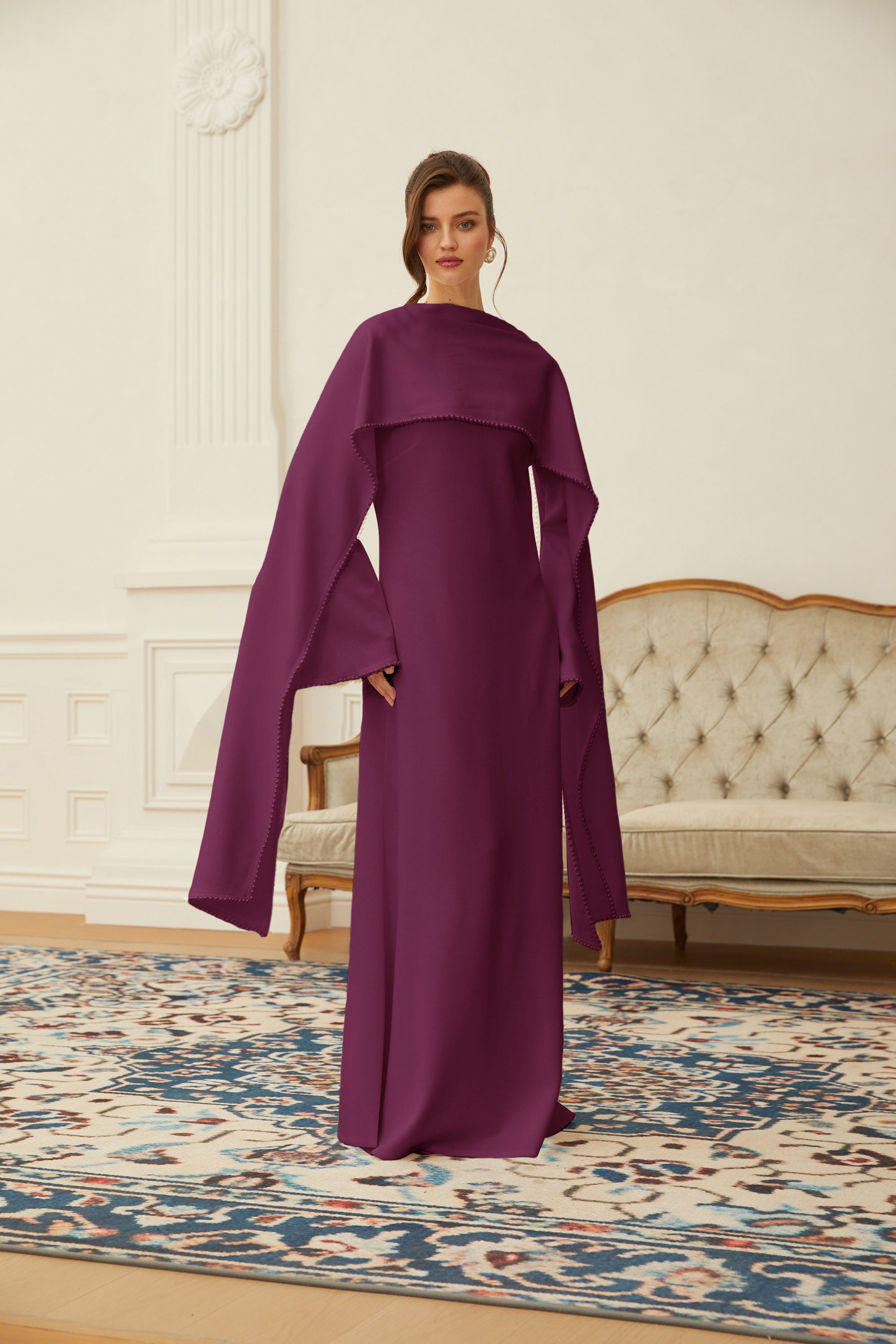 Piroska Purple Pearl Trim Shawl Detail Maxi Dress