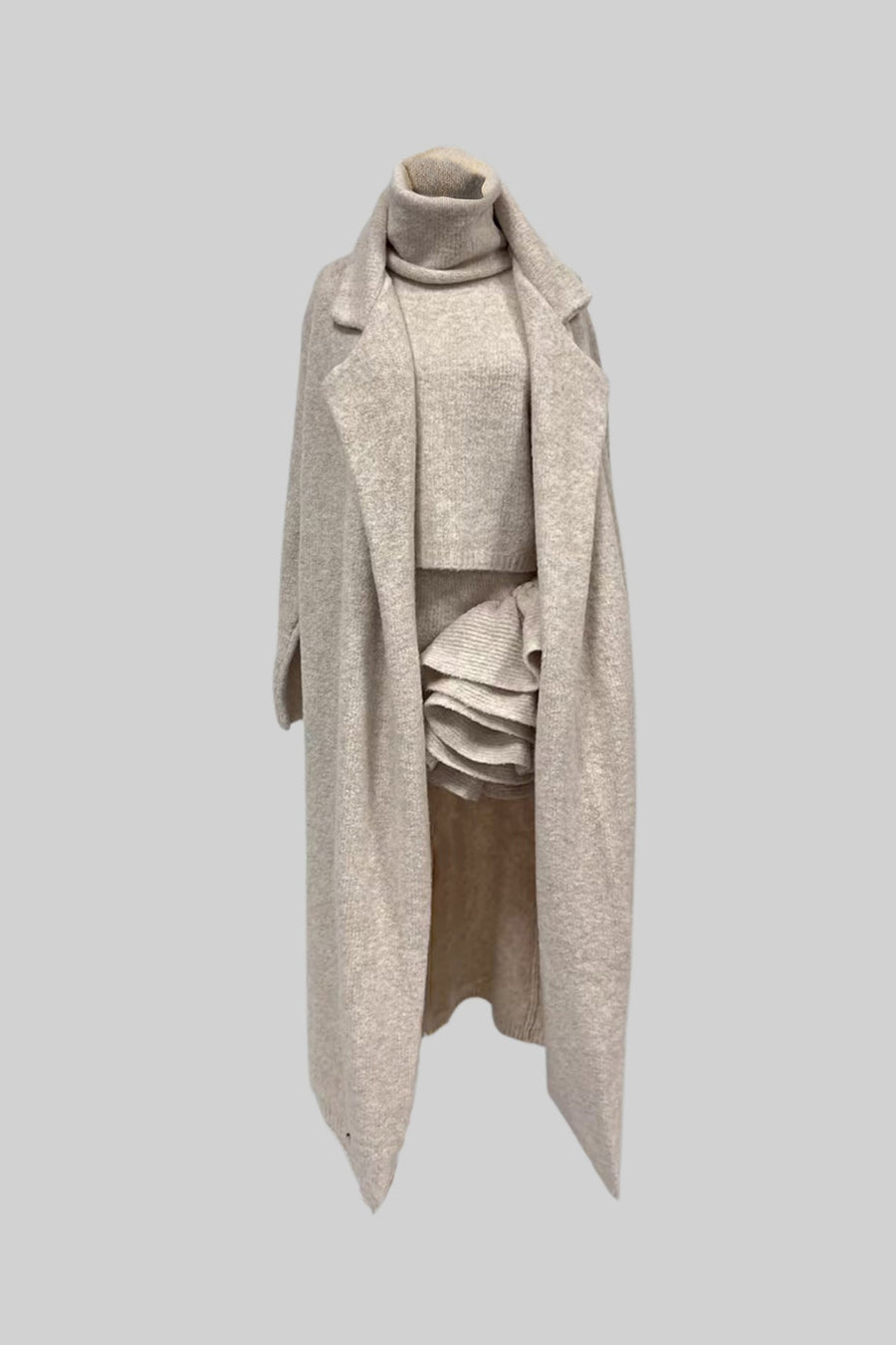 Fabienne Beige Knitted Three-Piece Set with Sculptural Ruffle Details