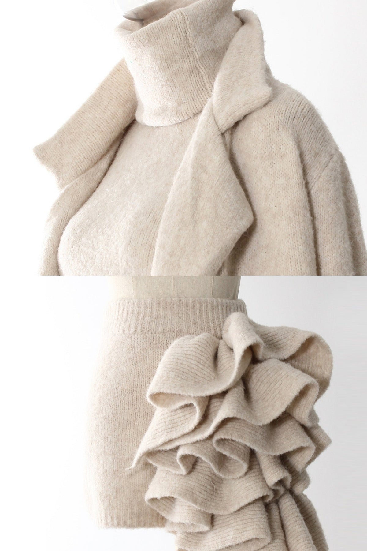 Fabienne Beige Knitted Three-Piece Set with Sculptural Ruffle Details