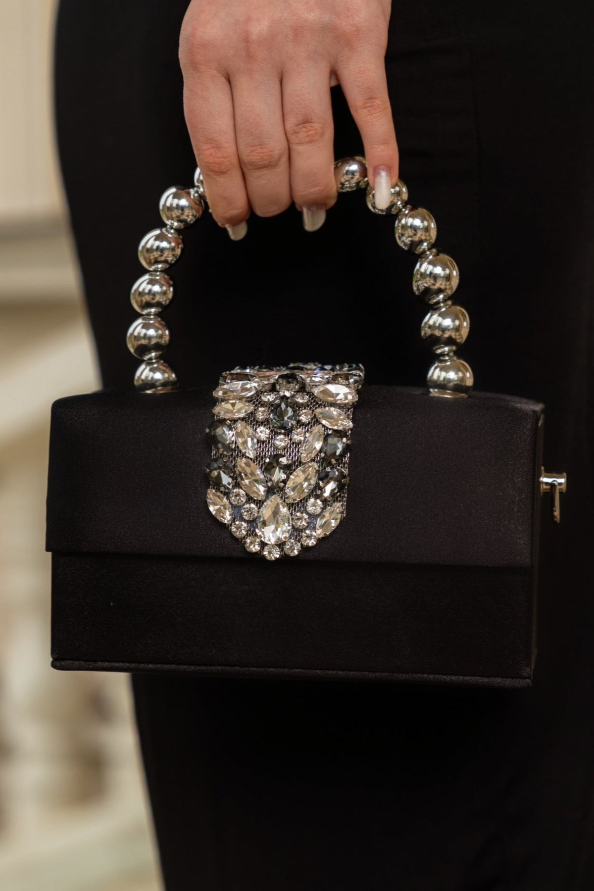 Satin Diamond Embellished Bag - Black