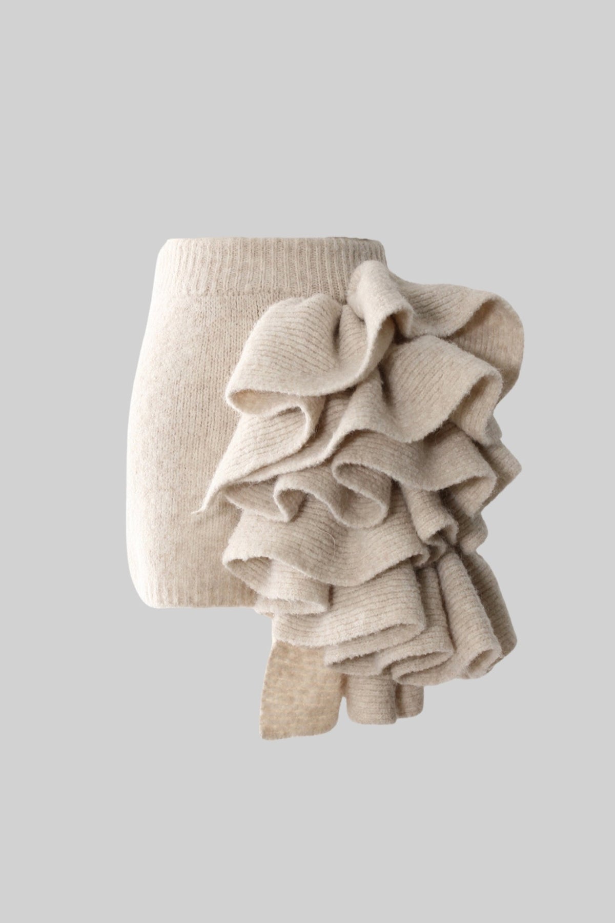 Fabienne Beige Knitted Three-Piece Set with Sculptural Ruffle Details