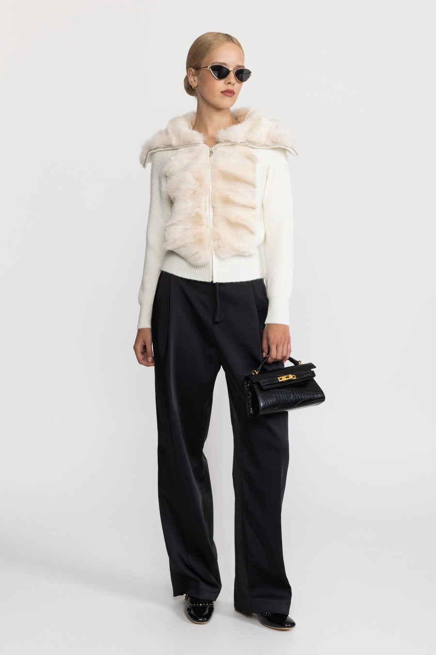 Anouk Rabbit Fur Panel Knit Zip Cardigan - Ivoire