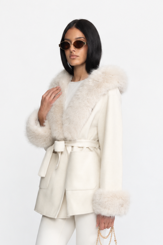 Dorothée Ivoire Hooded Belted Cashmere-Blend Coat with Fur Trim