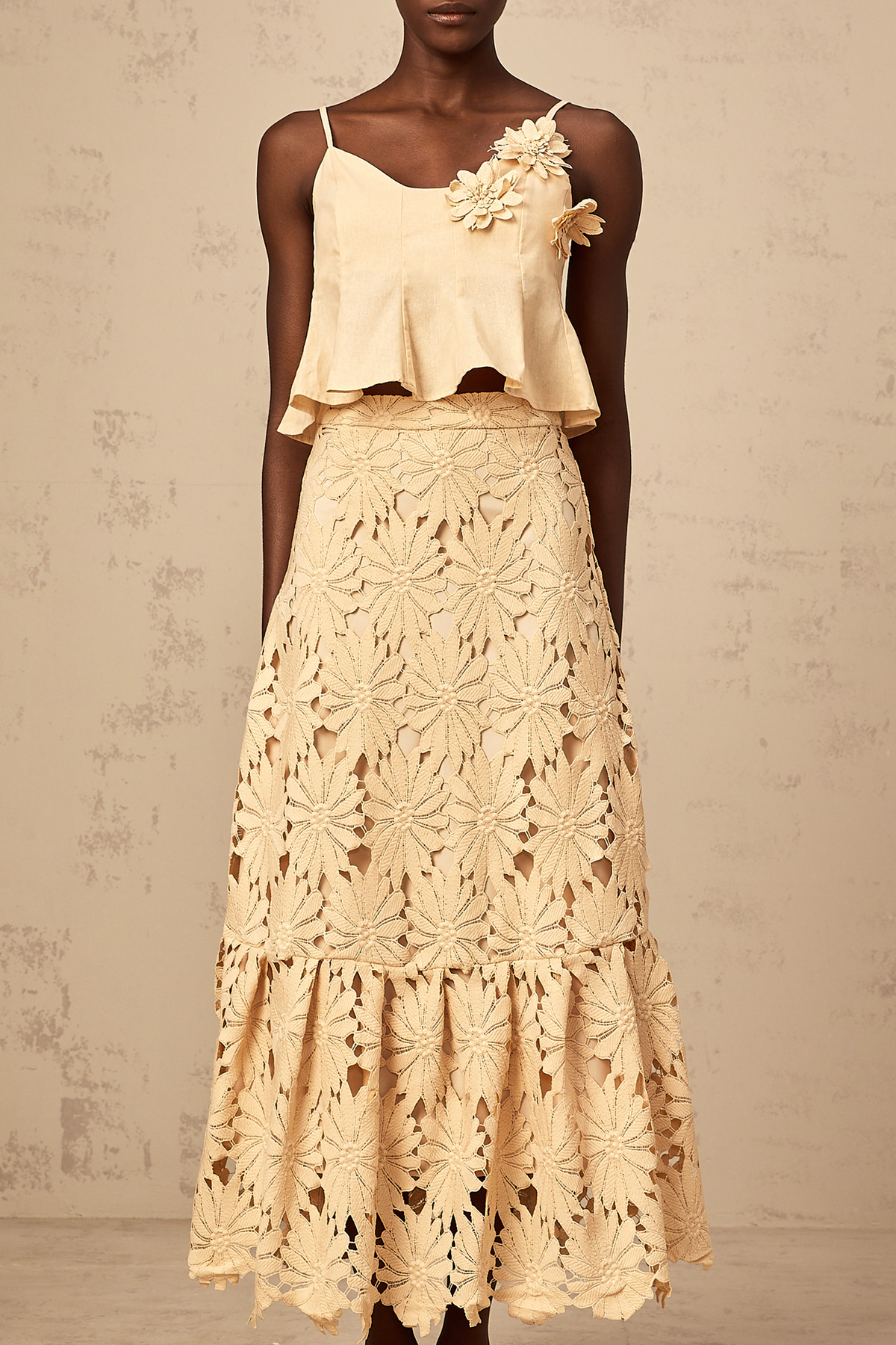 Céline khaki cut-out flared top & skirt matching set