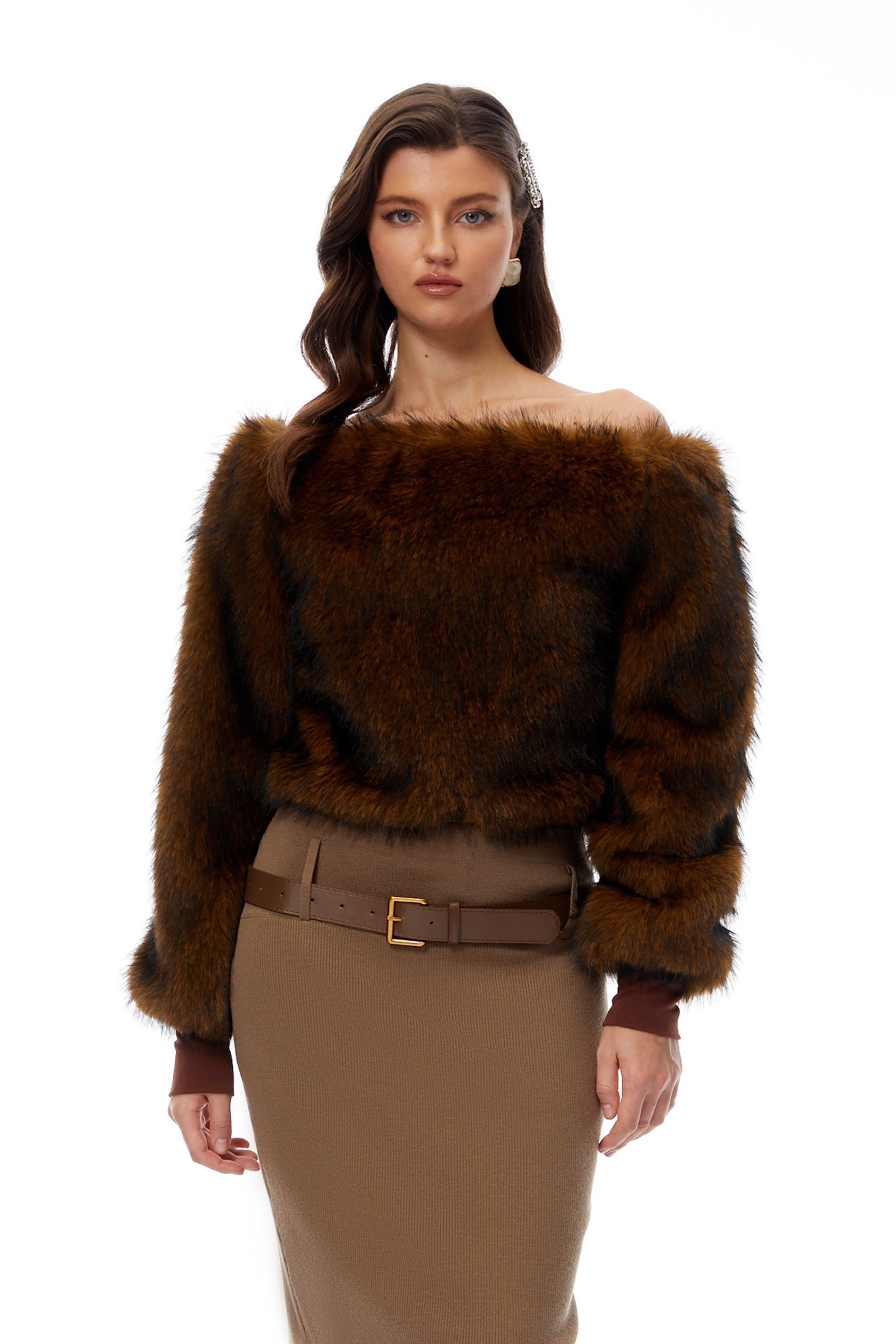 Sergia Brown One Shoulder Faux Fur Blouse