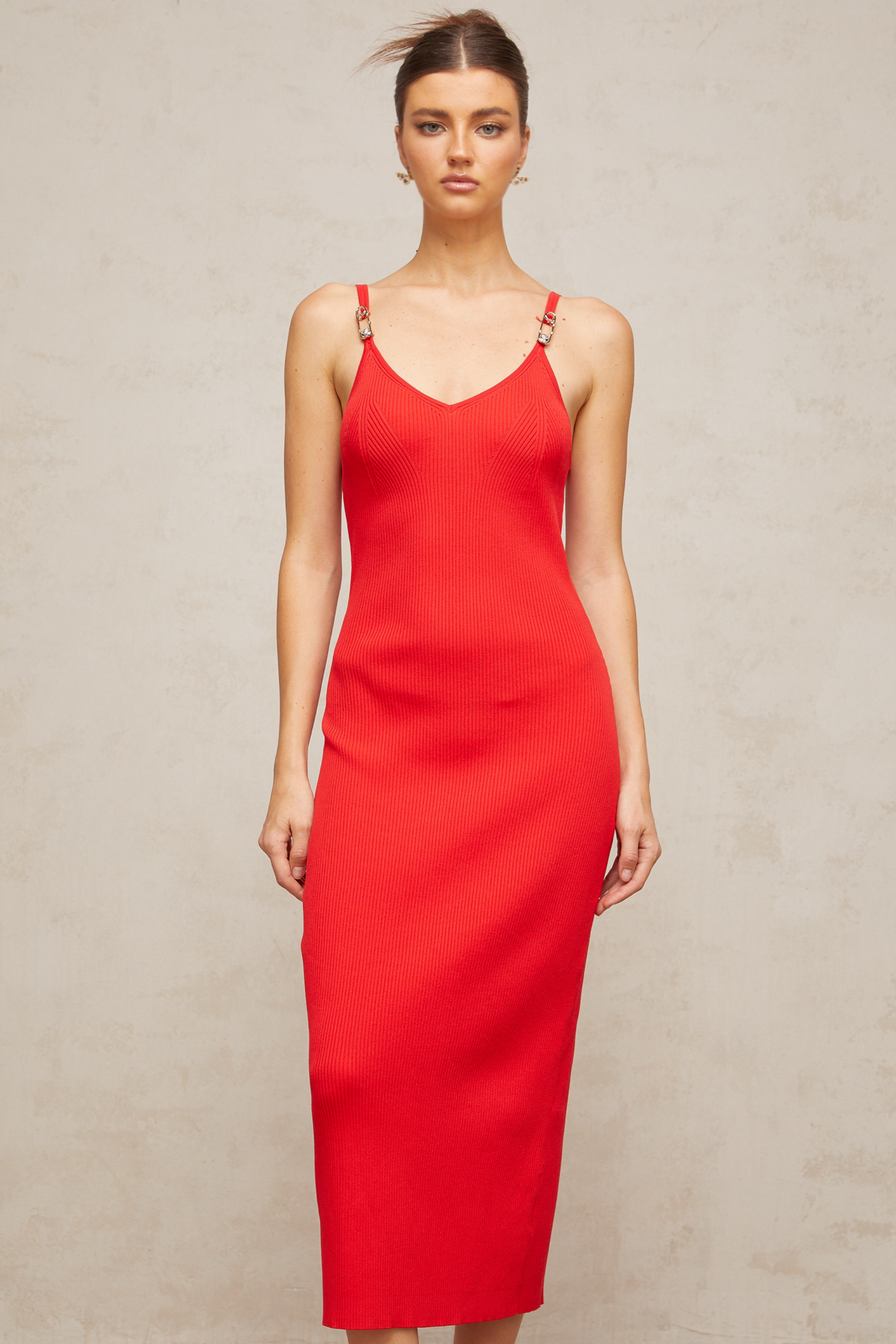 Prunelle red pin-detail knitted midi dress