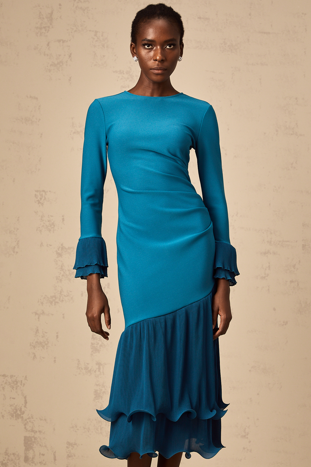 Fleurida ruffled-trim panelled midi dress in Blue
