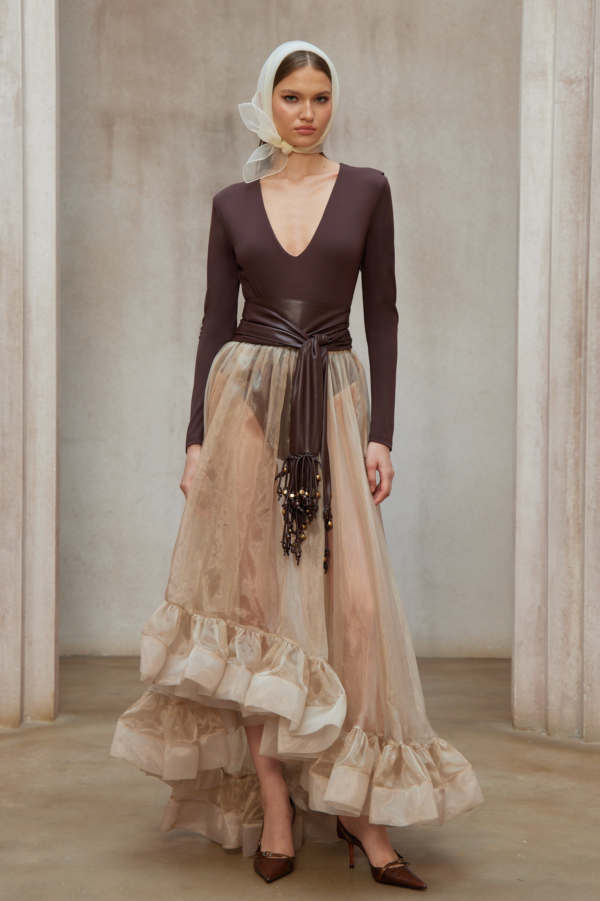 Paula Brown Belted Bodysuit & Organza Skirt Set