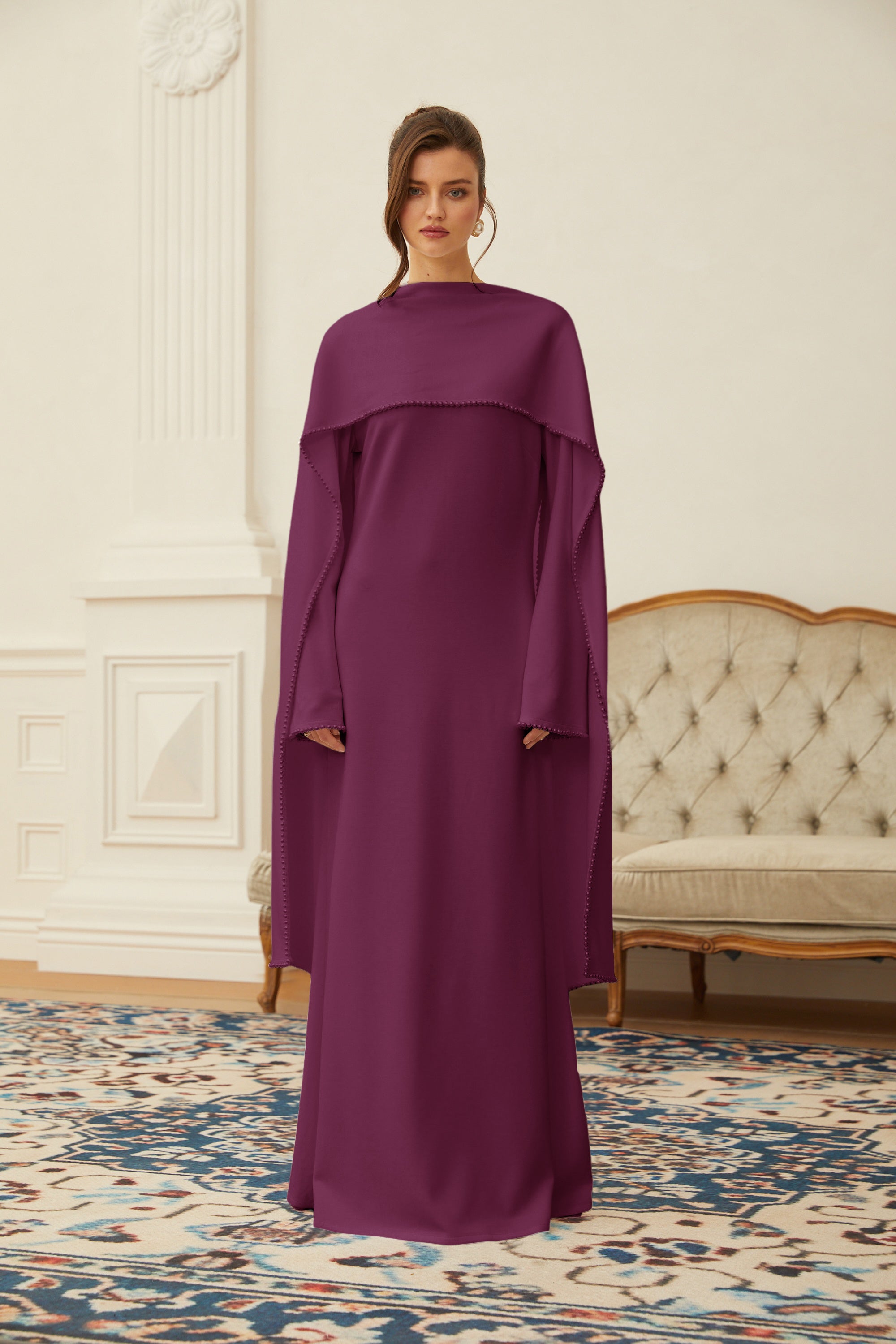 Piroska Purple Pearl Trim Shawl Detail Maxi Dress