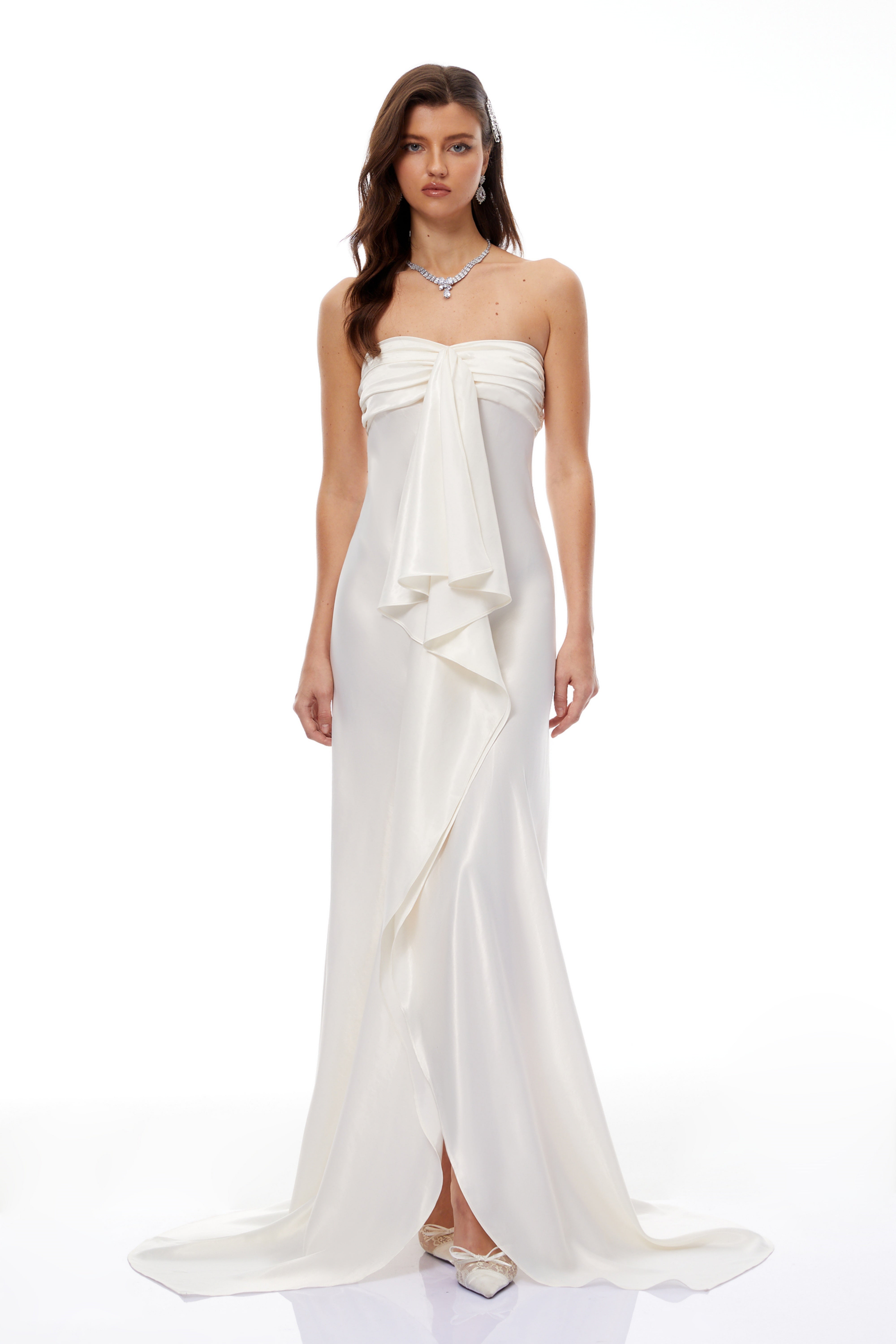 Lilla Beige Strapless Ruffled Satin Maxi Dress (Final Sale)