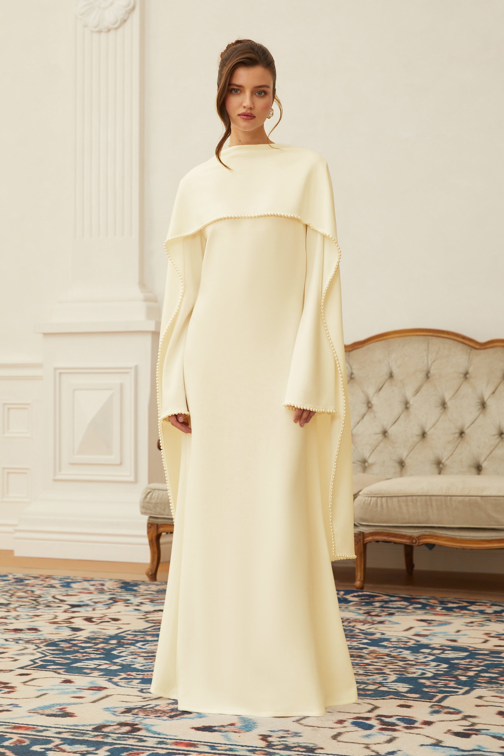 Piroska Yellow Pearl Trim Shawl Detail Maxi Dress