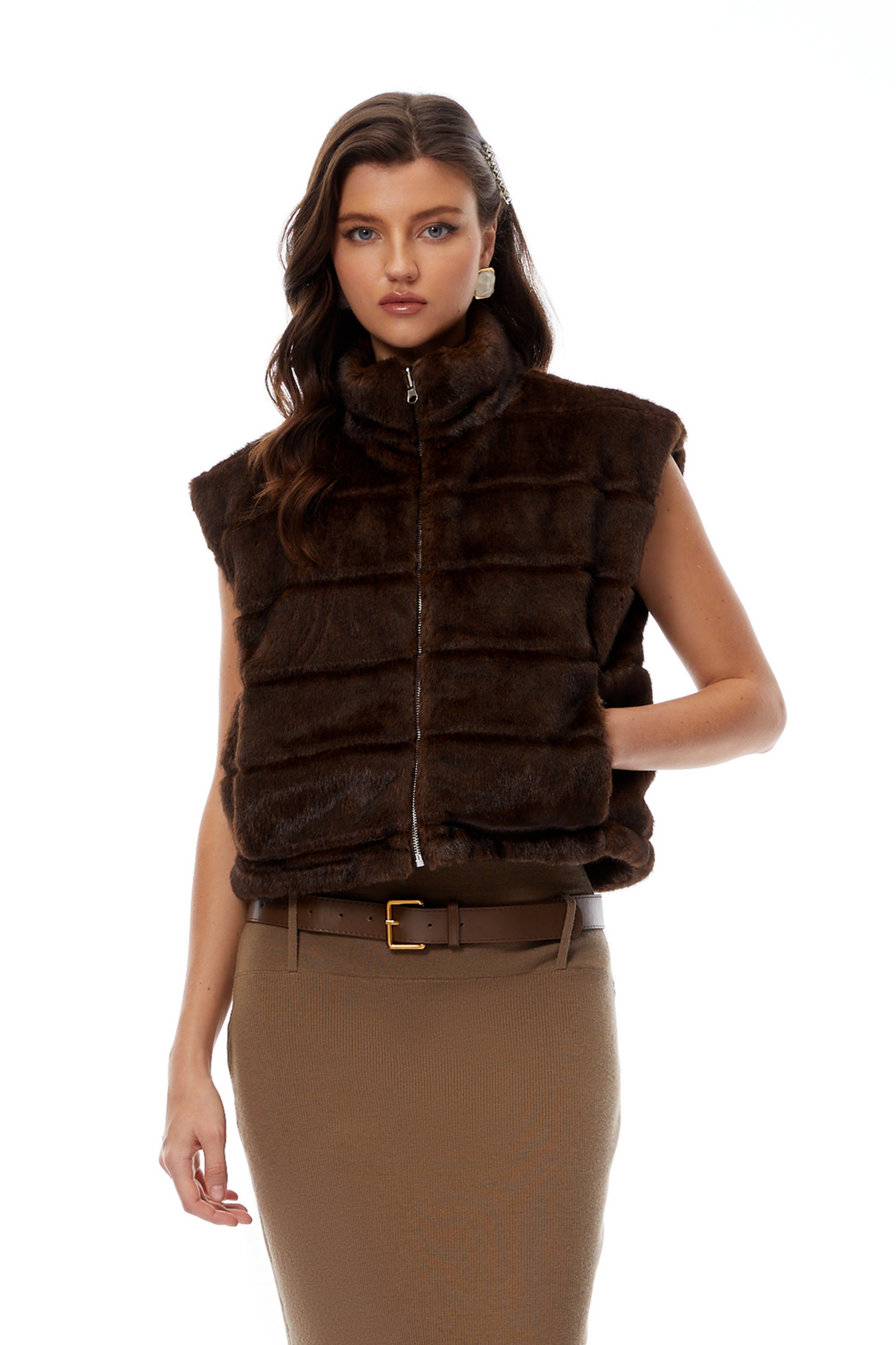 Lizica Brown Faux Fur Padded Gilet