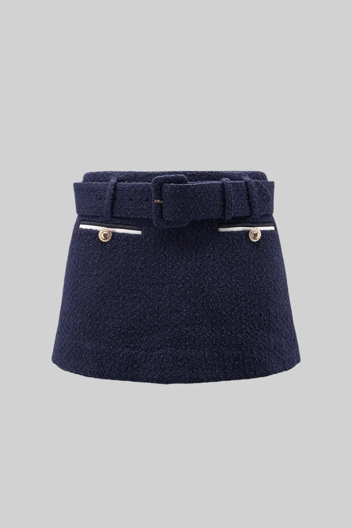 Alexandrine Navy Belted Tweed Mini Skirt with Contrast Pockets