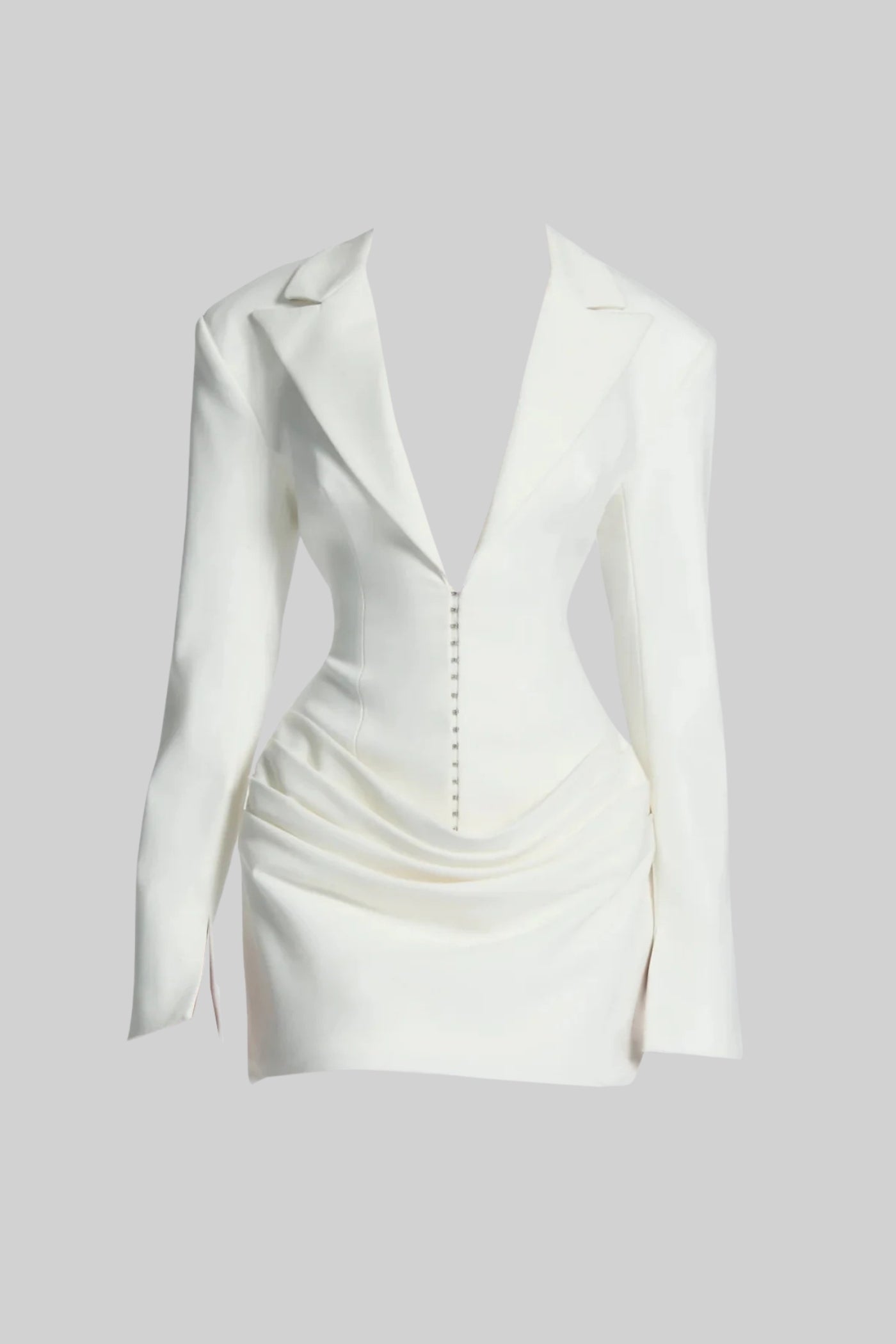 Draped Blazer Mini Dress With Deep Neckline – White