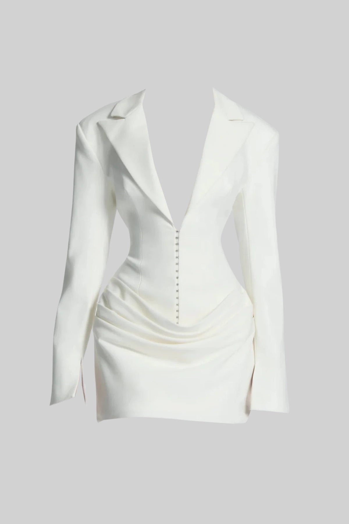 Draped Blazer Mini Dress With Deep Neckline – White