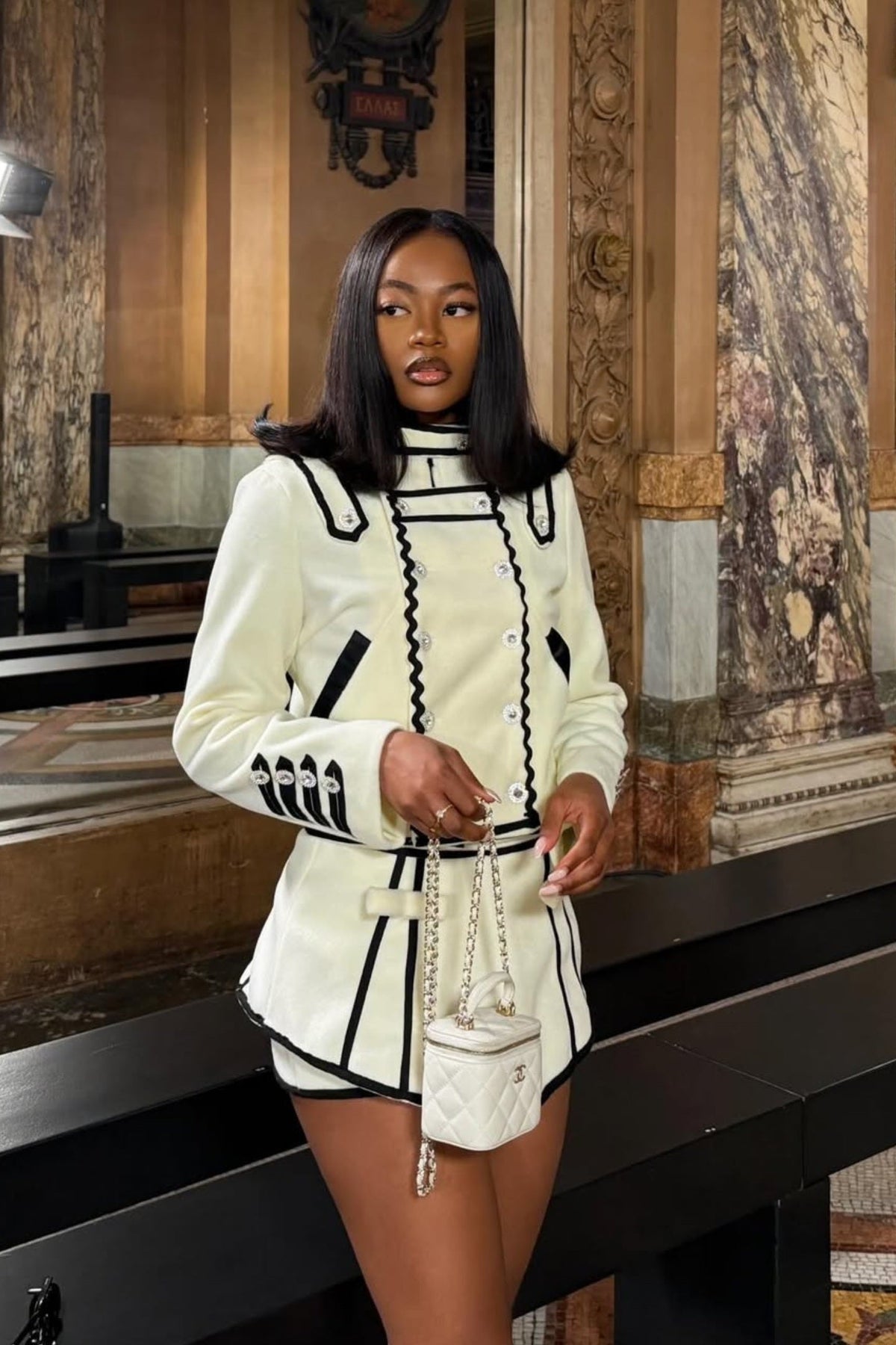 Structured Co-Ord Set with Contrast Trim and Crystal Buttons – Ivoire