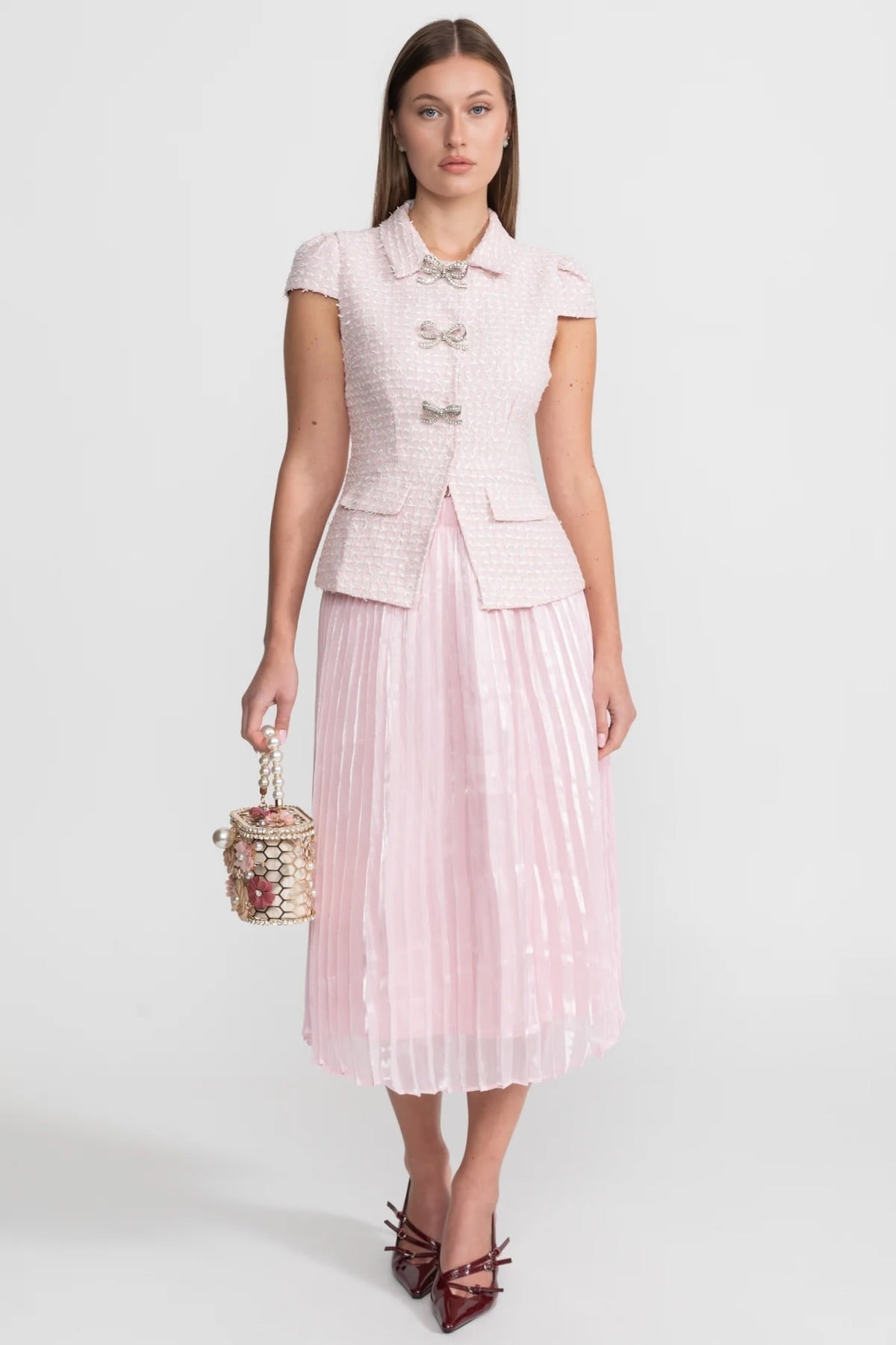 Flavie Pink Tweed and Organza Co-ord Set with Crystal Bow Buttons