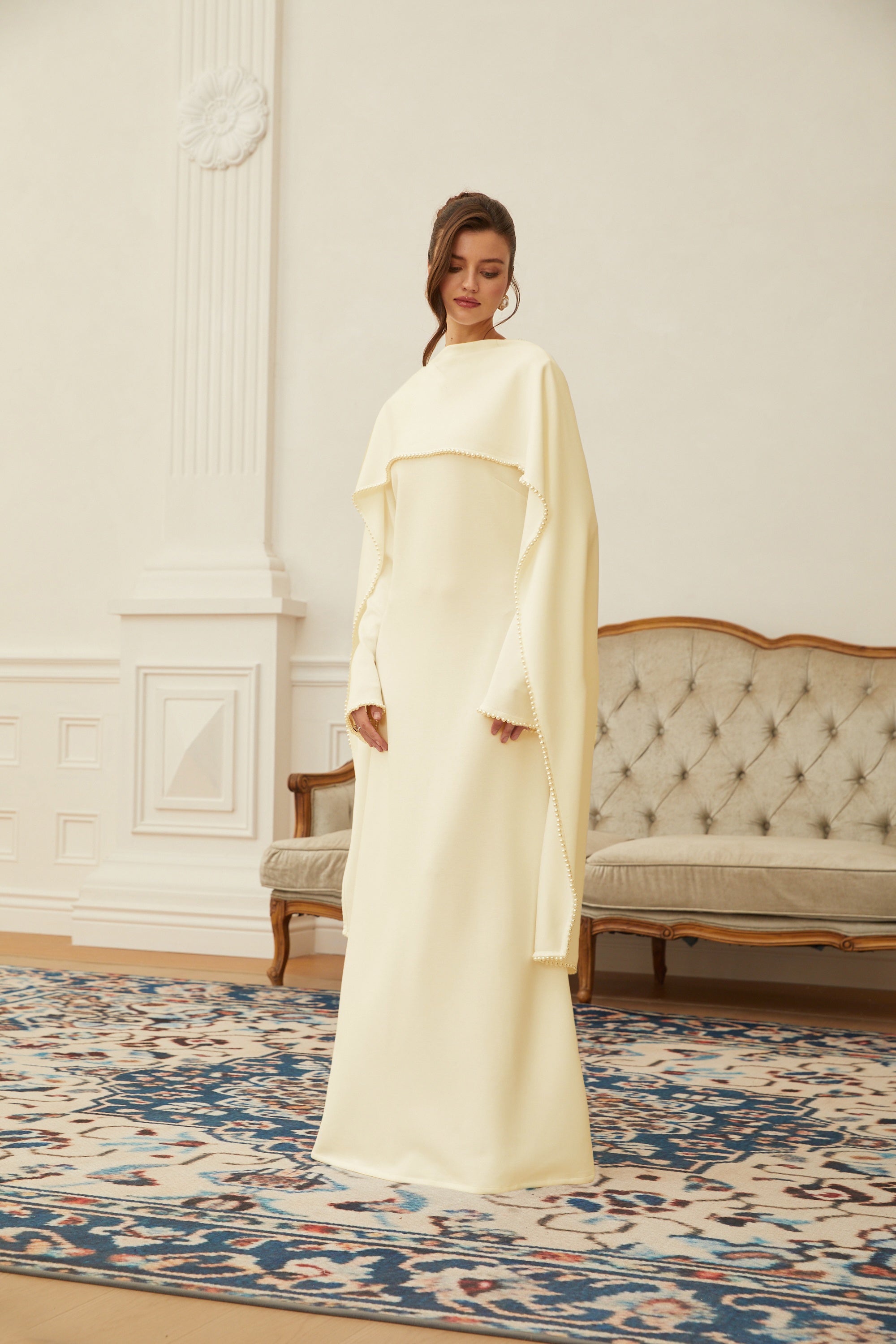 Piroska Yellow Pearl Trim Shawl Detail Maxi Dress (Final Sale-US Only)